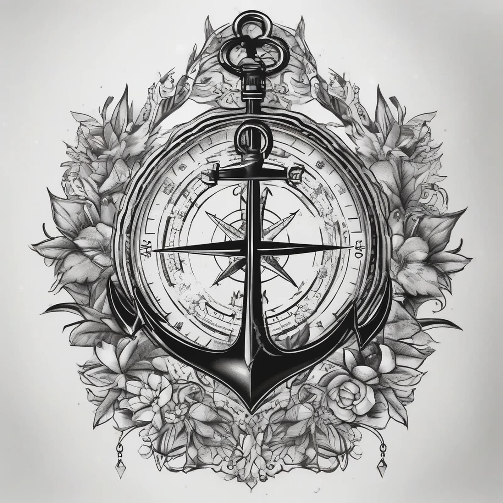 Compass And Anchor tattoo design, alternative version 2