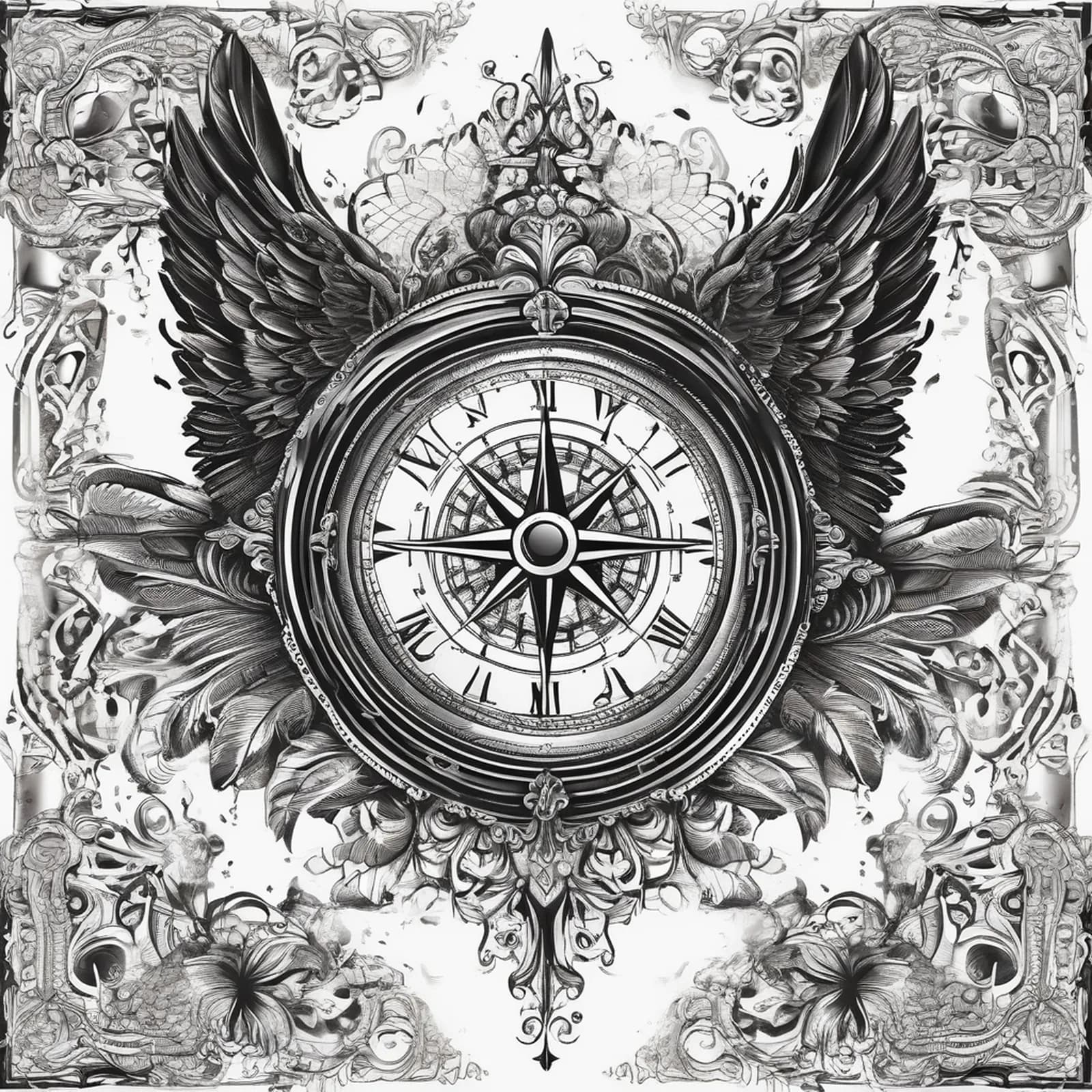Compass And Angel Wings tattoo design, alternative version 2