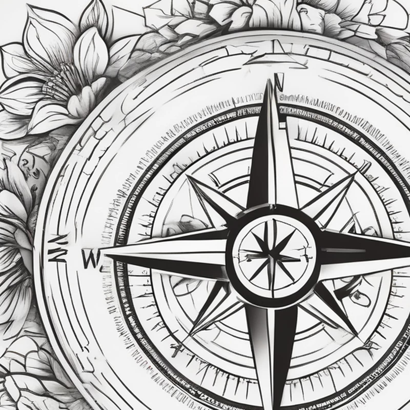 Compass And Birth Flower tattoo design, close-up detail