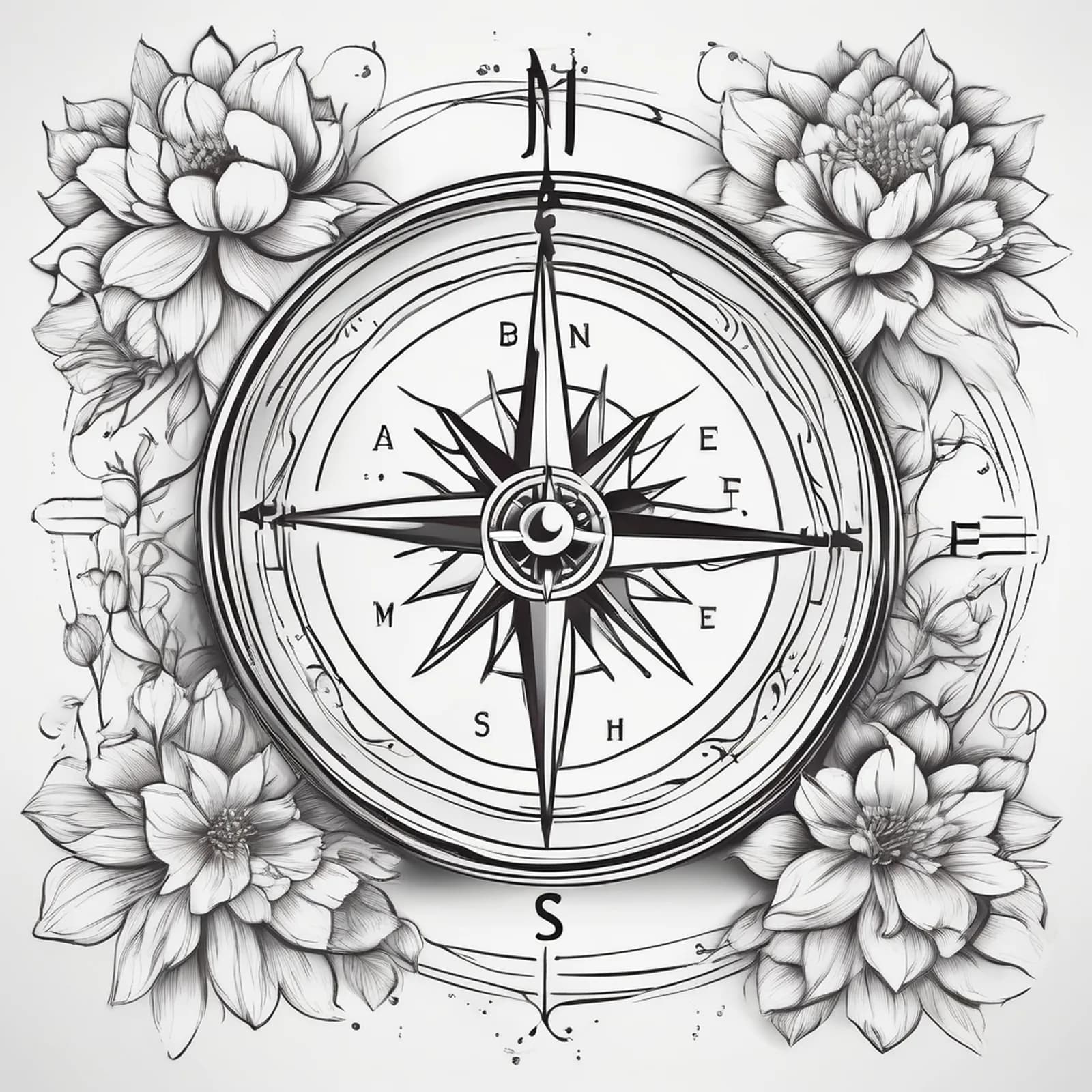 Compass And Birth Flower tattoo design, alternative version 3
