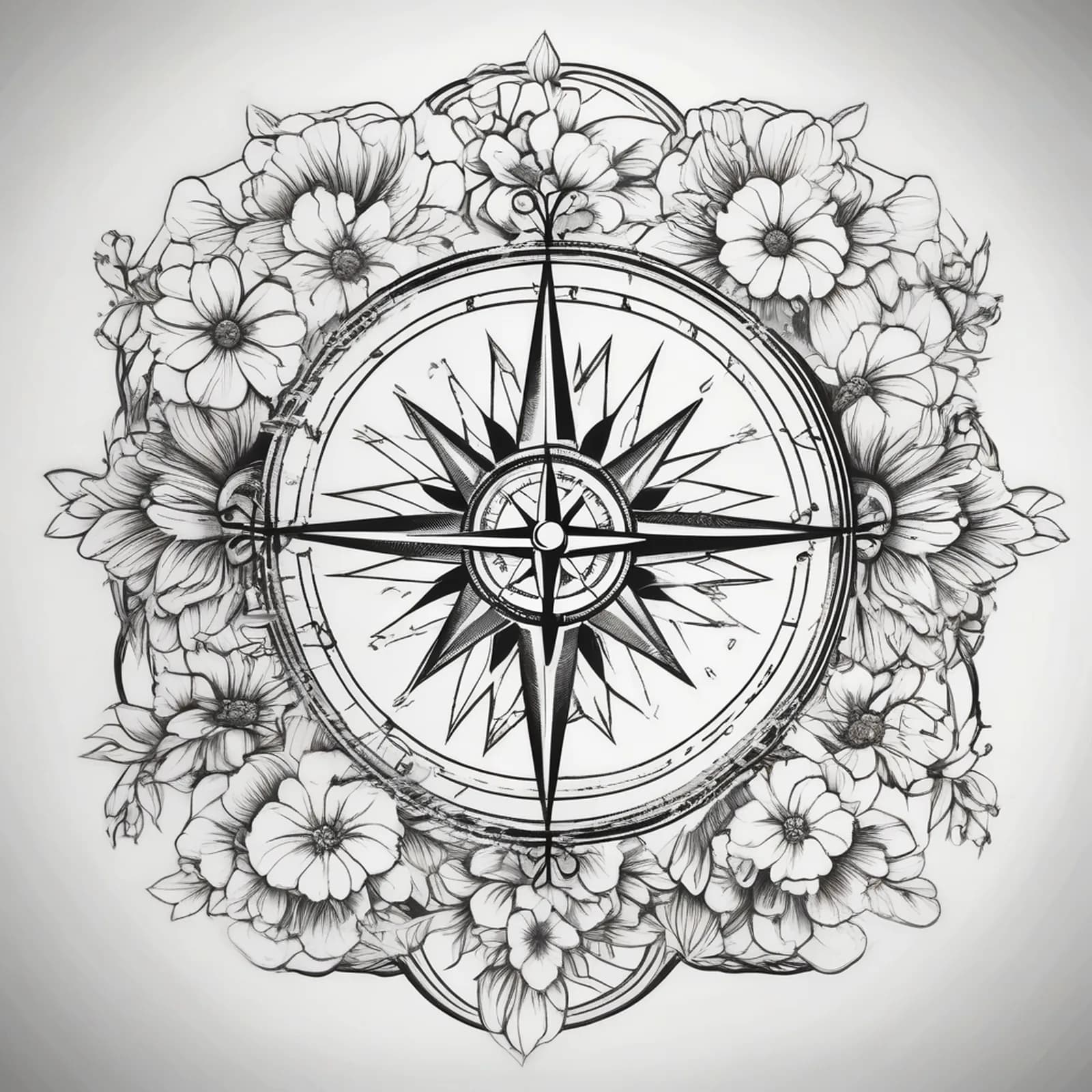 Compass And Birth Flower tattoo design, alternative version 4