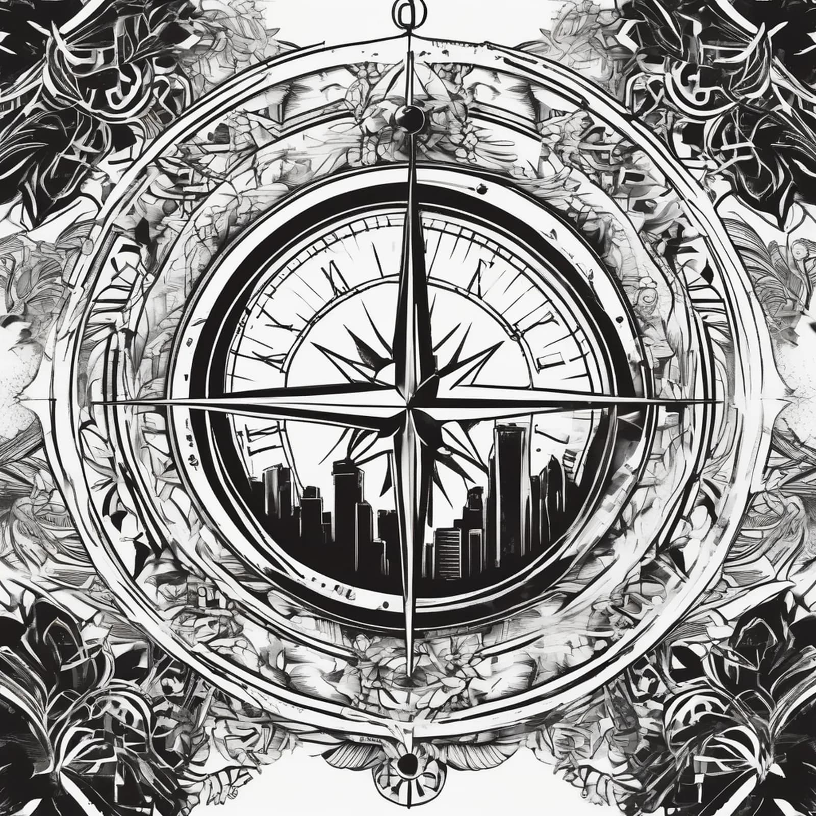 Compass And City Skyline tattoo design, alternative version 2