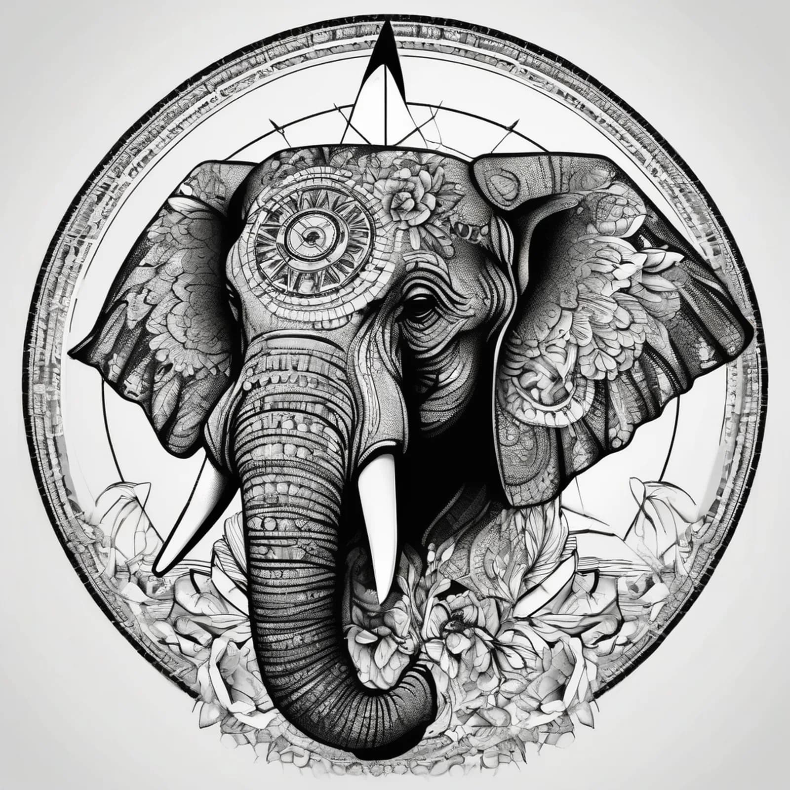 Compass And Elephant tattoo design, alternative version 2