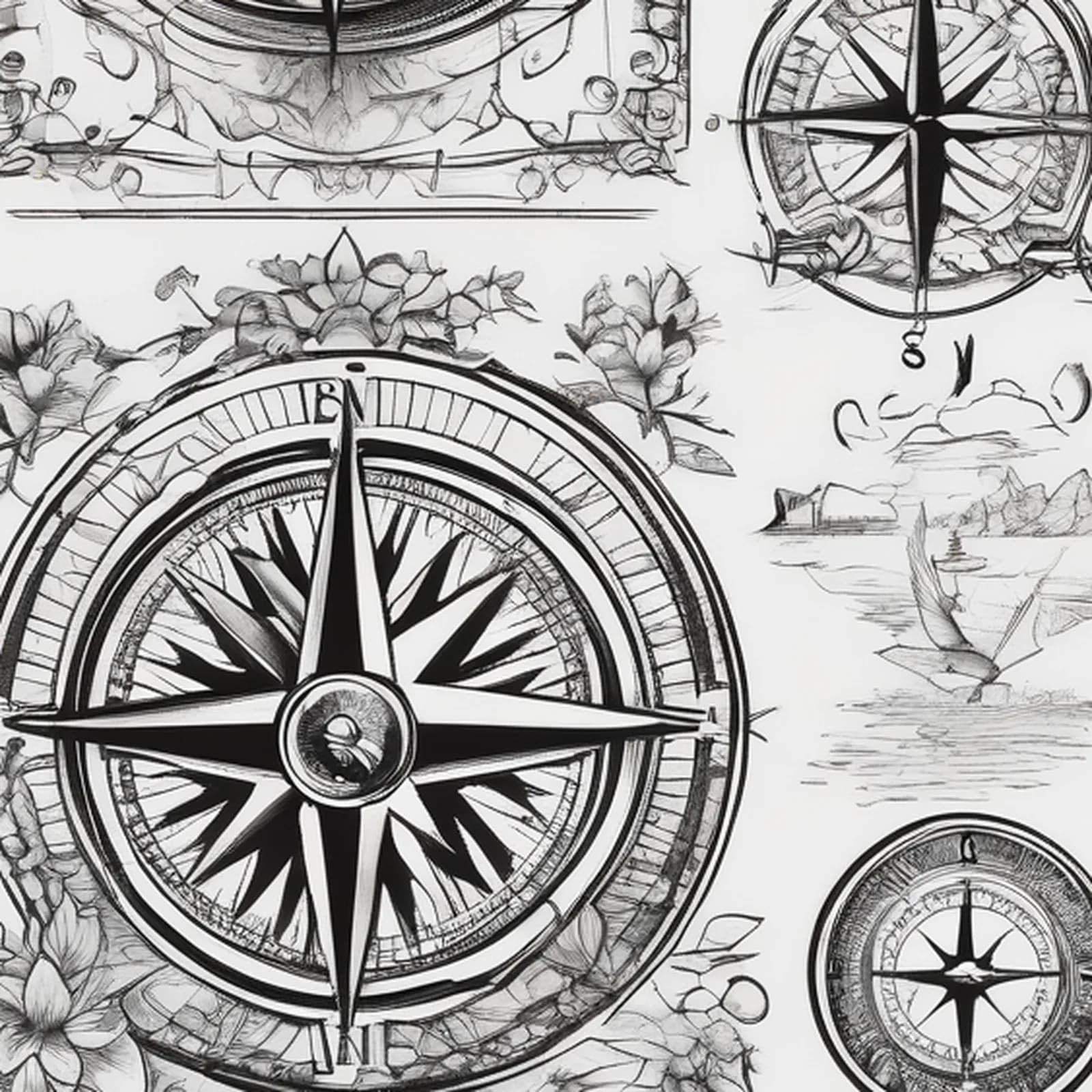 Compass And Family Silhouettes tattoo design, close-up detail