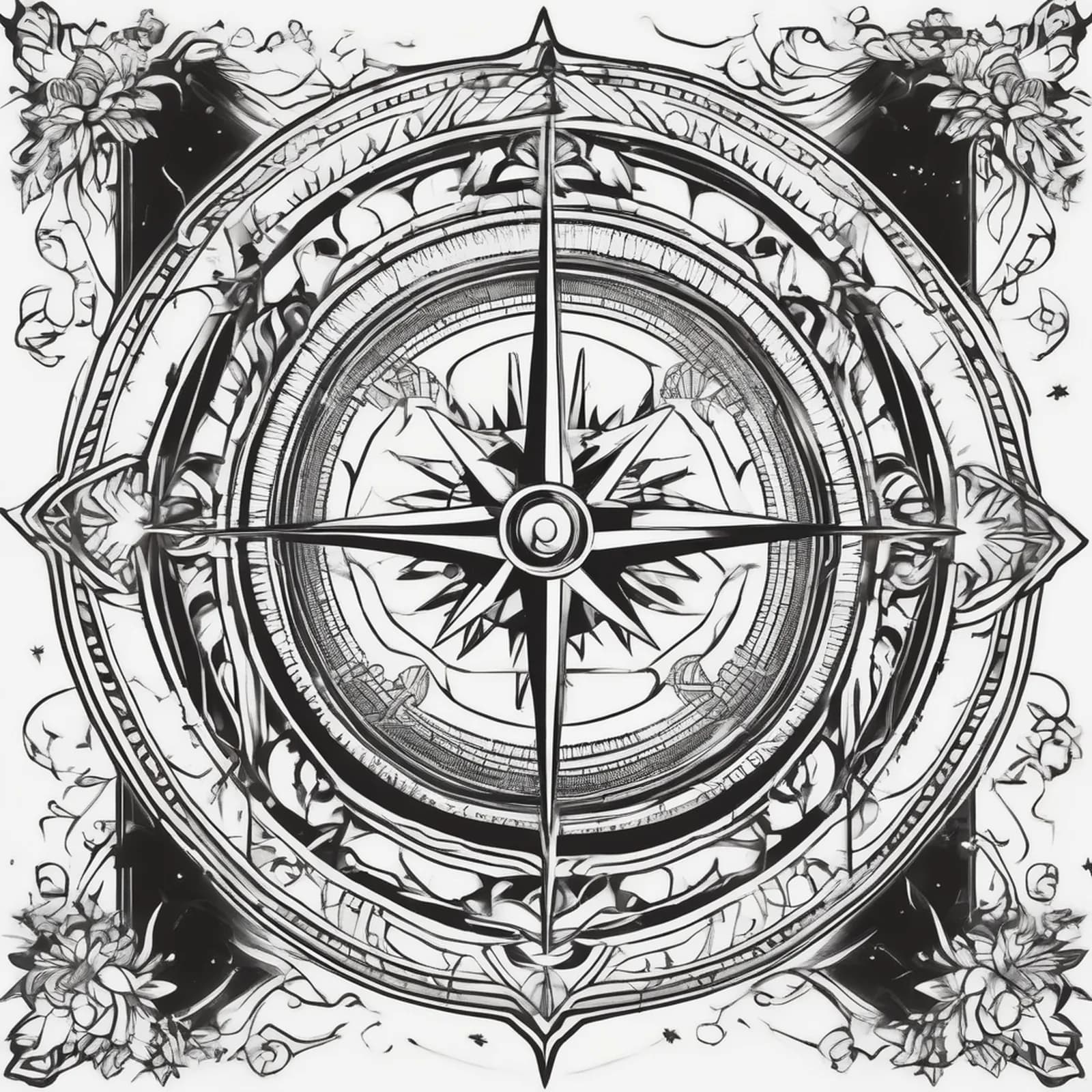 Compass And Family Silhouettes tattoo design, alternative version 2