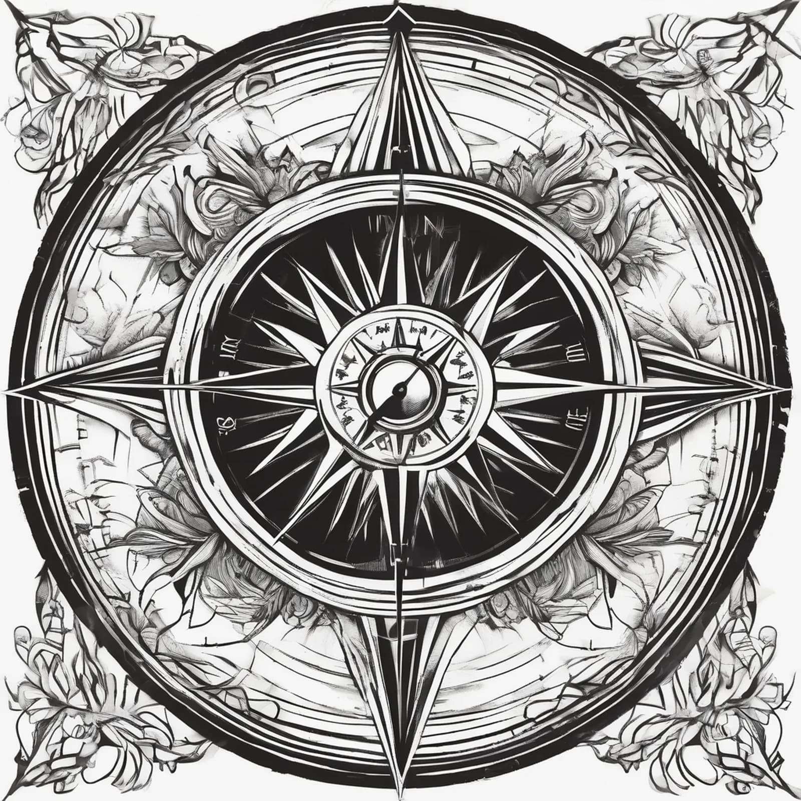 Compass And Family Silhouettes tattoo design, alternative version 3