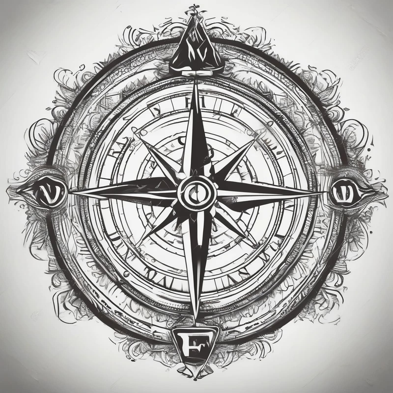 Compass And Family Silhouettes tattoo design, alternative version 4