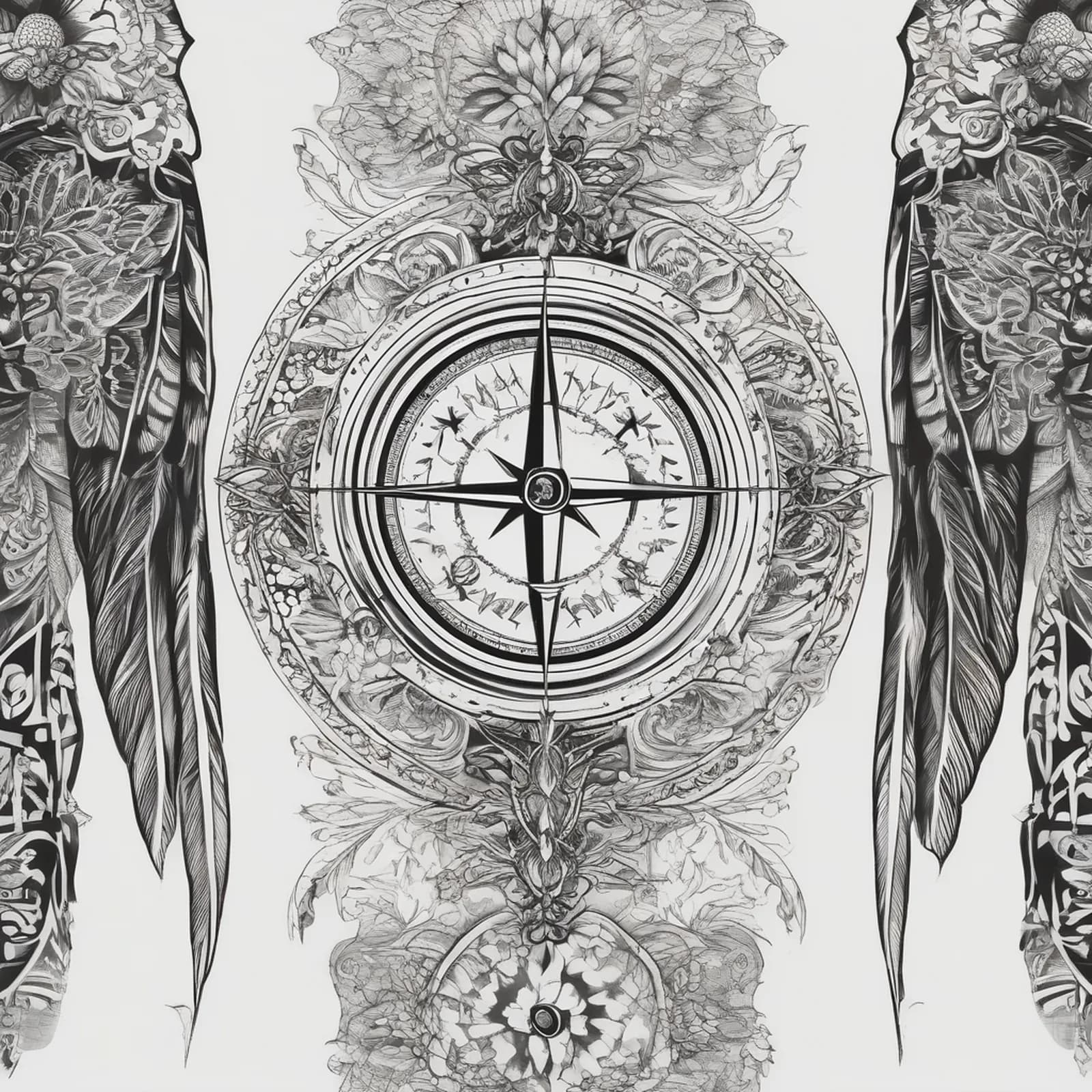 Compass And Four Seasons tattoo design, alternative version 3