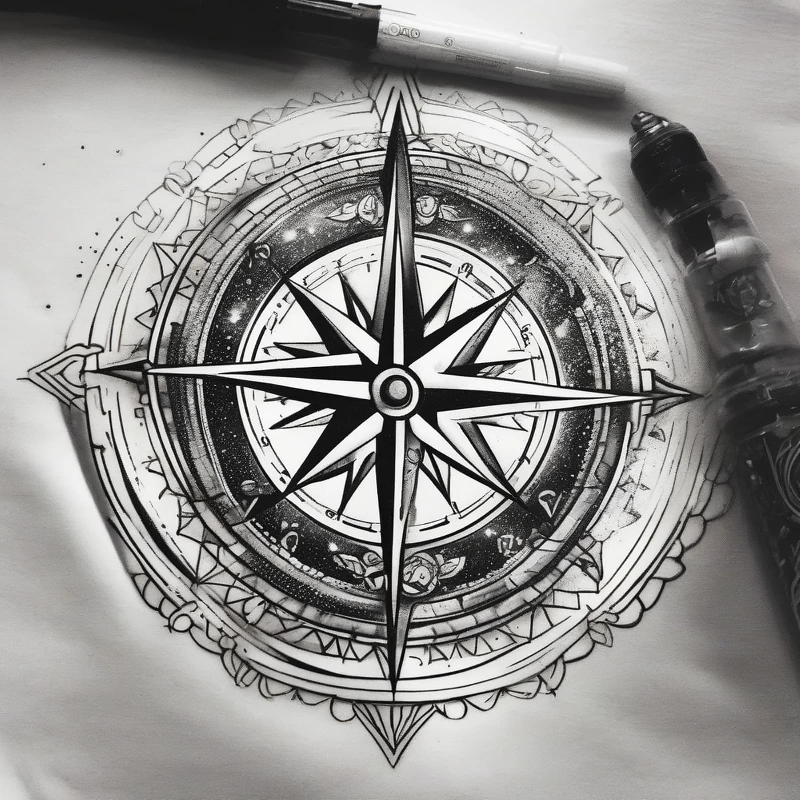 Compass And Galaxy tattoo design, alternative version 3