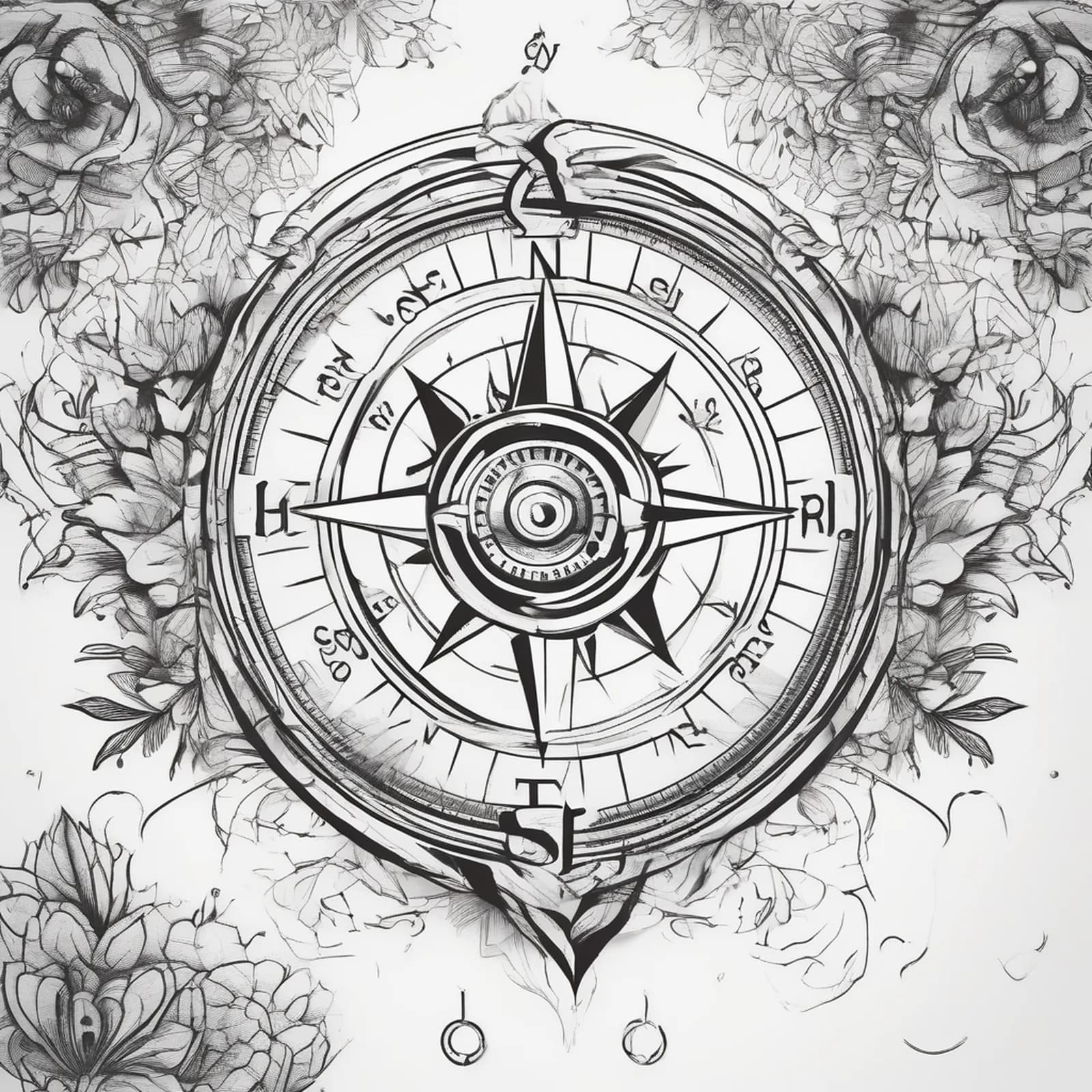 Compass And Heart tattoo design, alternative version 4