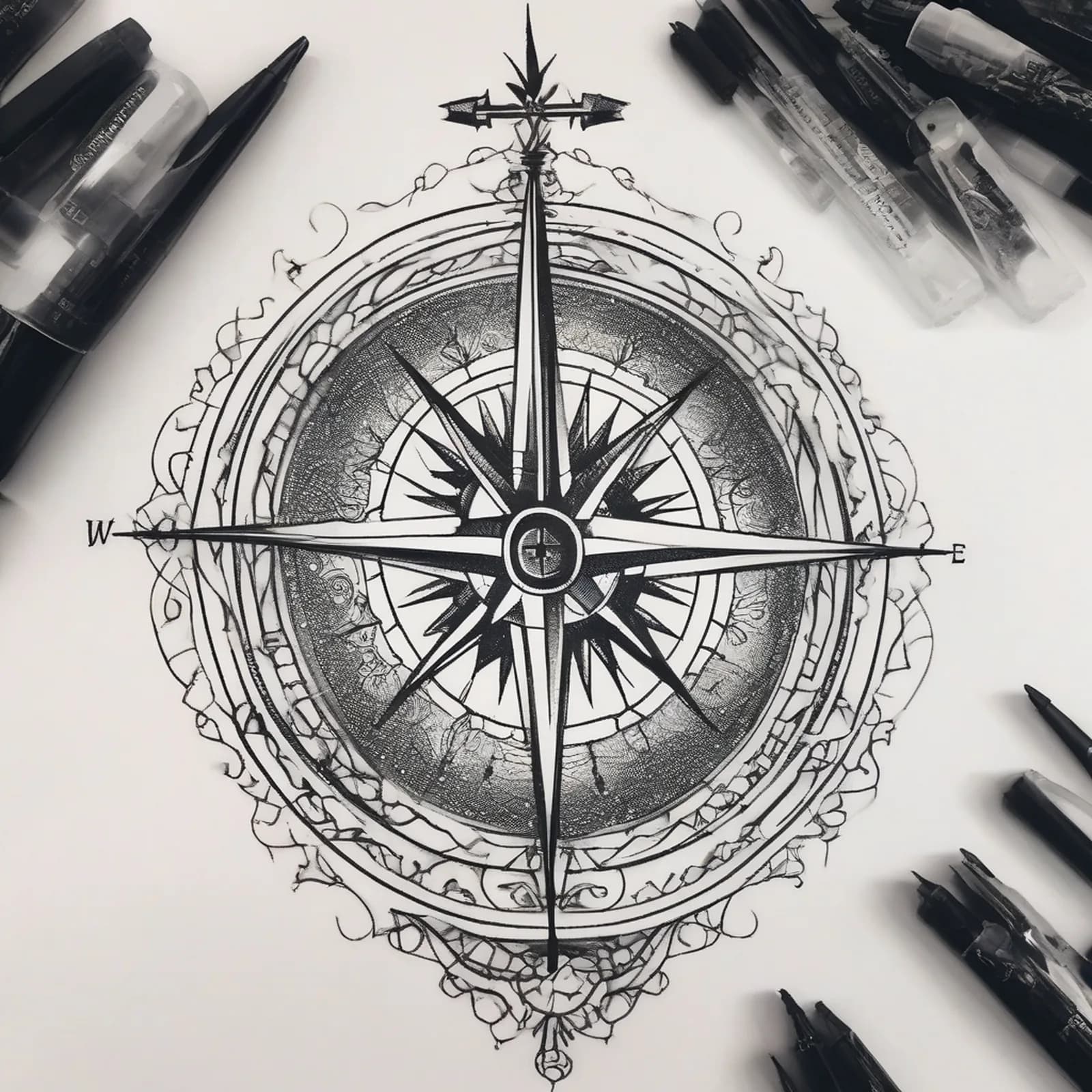 Compass And Home tattoo design, alternative version 2