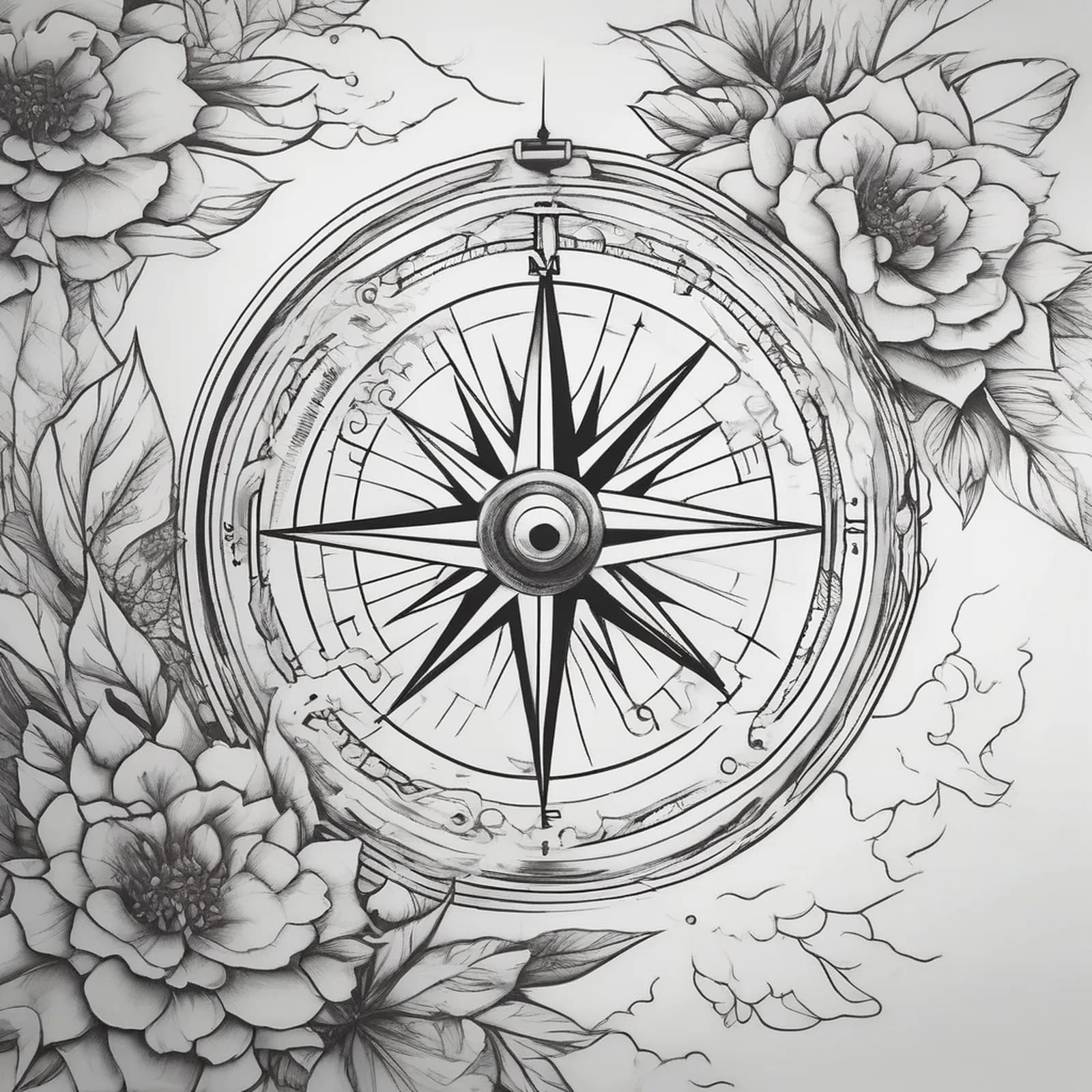 Compass And Home tattoo design, alternative version 3