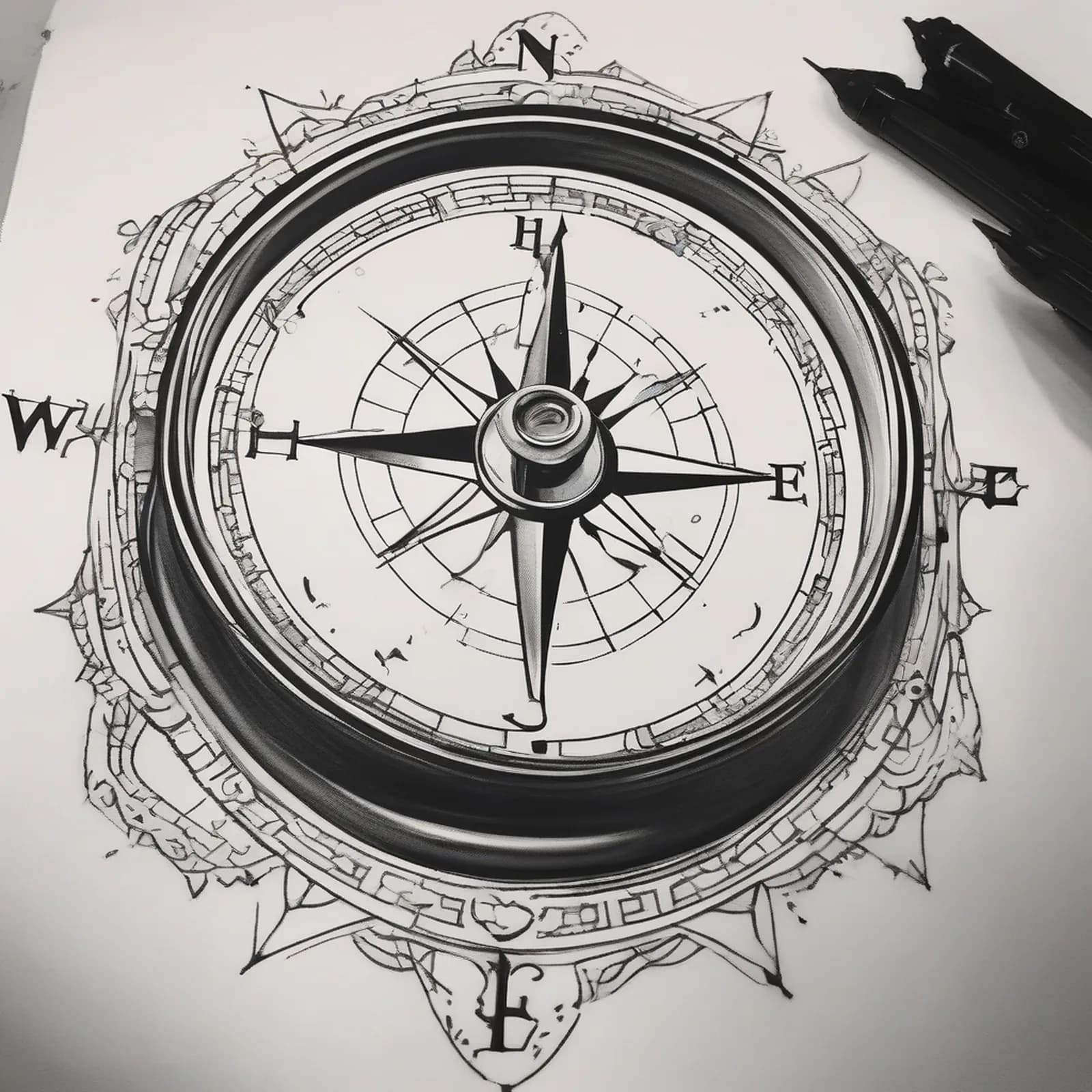 Compass And Home tattoo design, alternative version 4