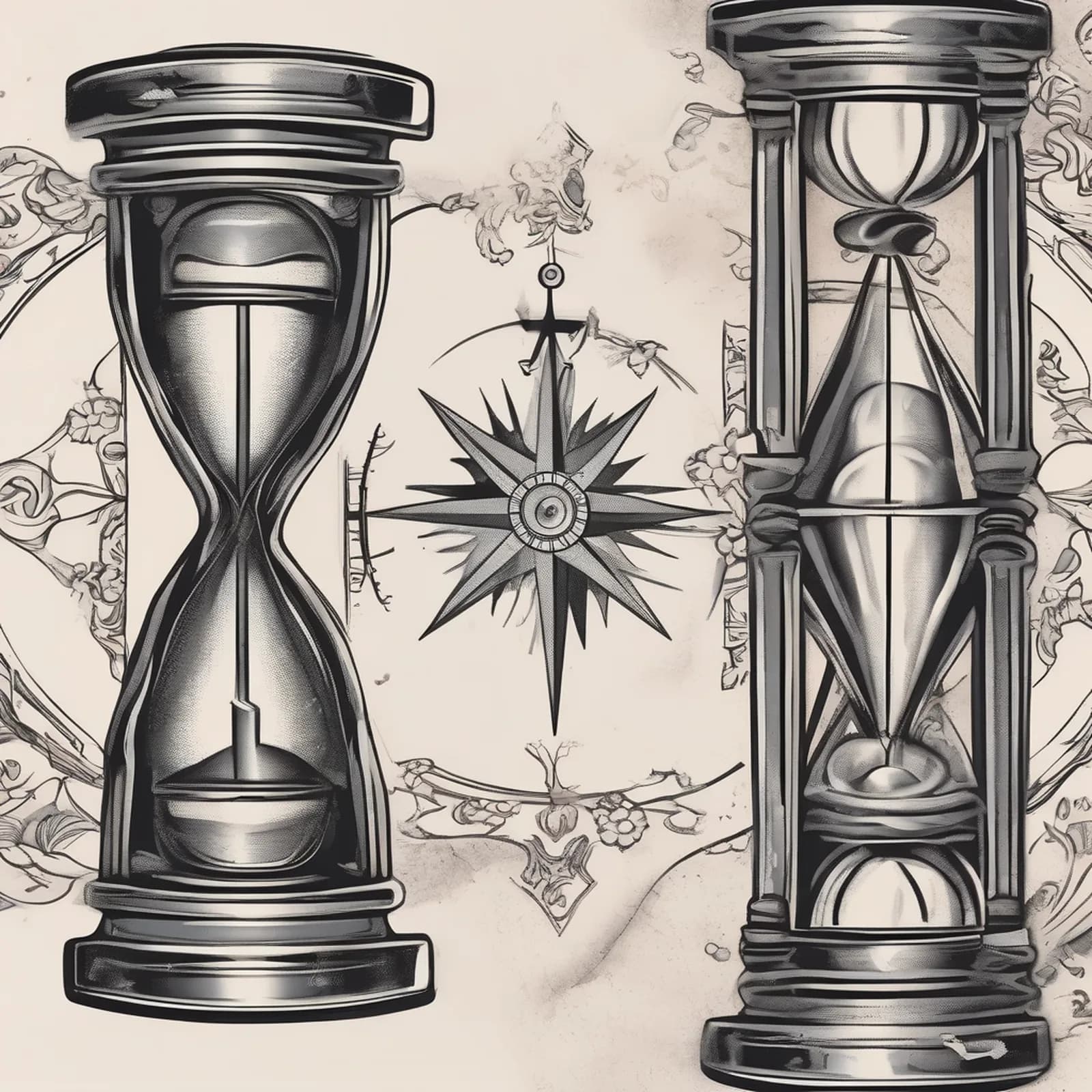Compass And Hourglass tattoo design, alternative version 4