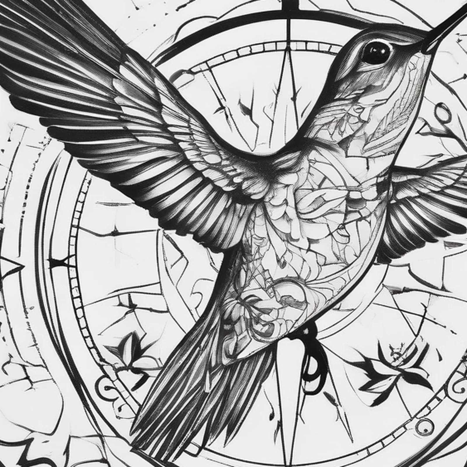 Compass And Hummingbird tattoo design, close-up detail
