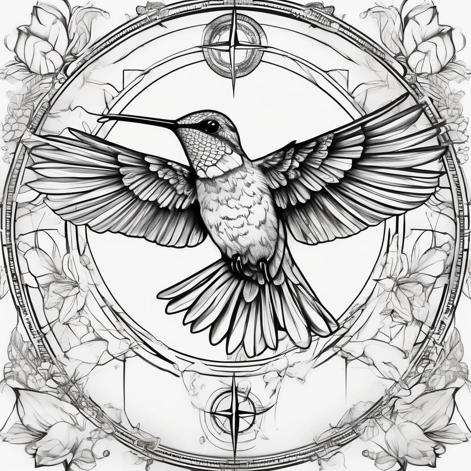 Compass And Hummingbird tattoo design, alternative version 2
