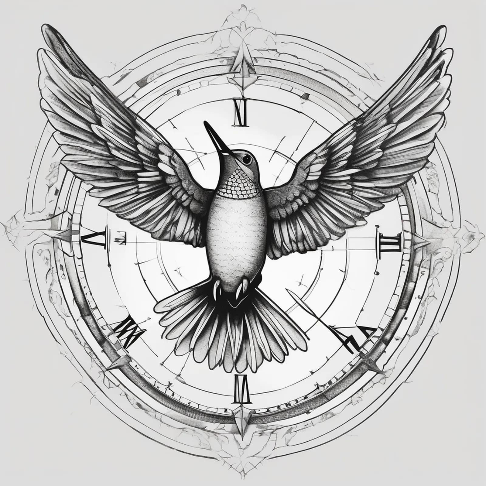 Compass And Hummingbird tattoo design, alternative version 3