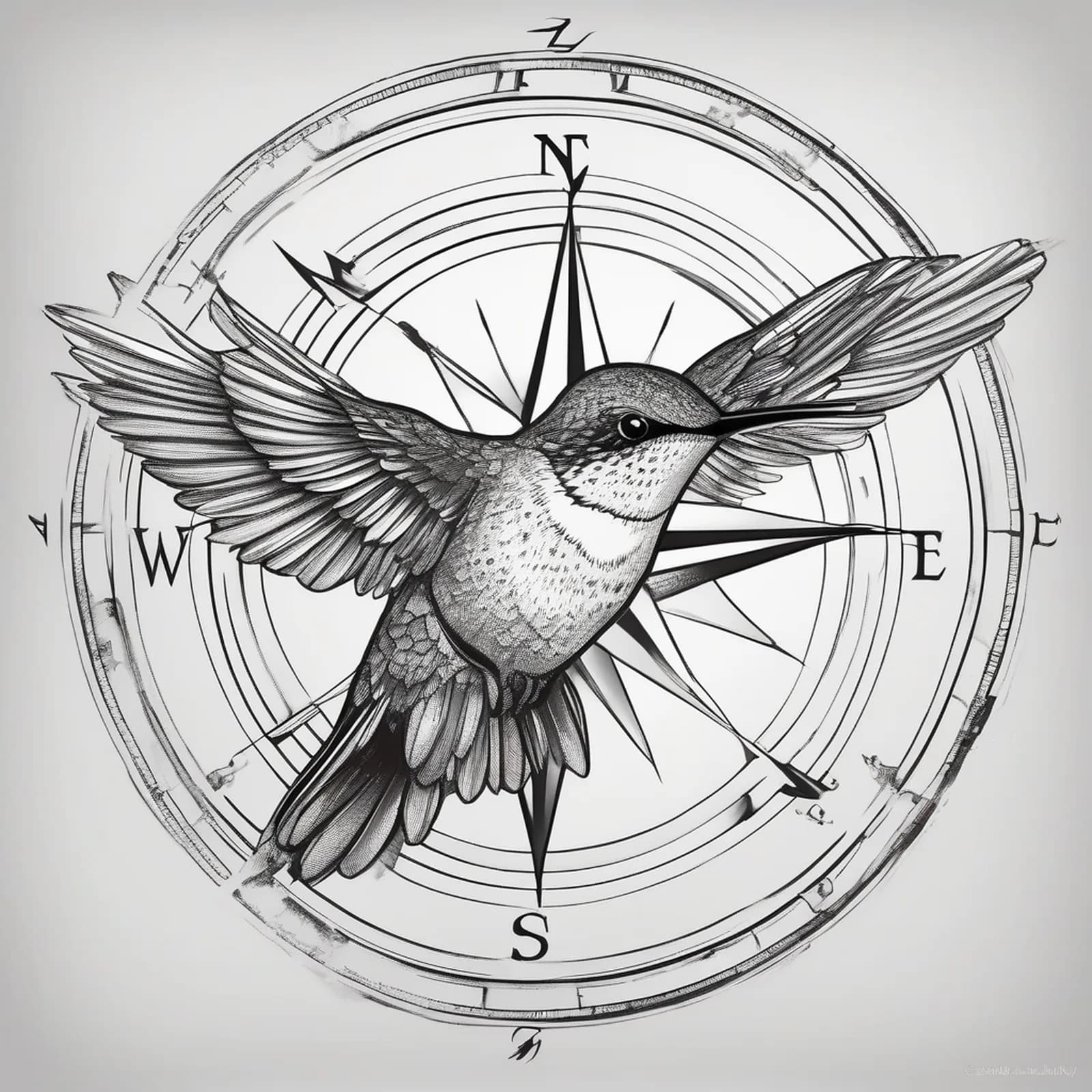 Compass And Hummingbird tattoo design, alternative version 4