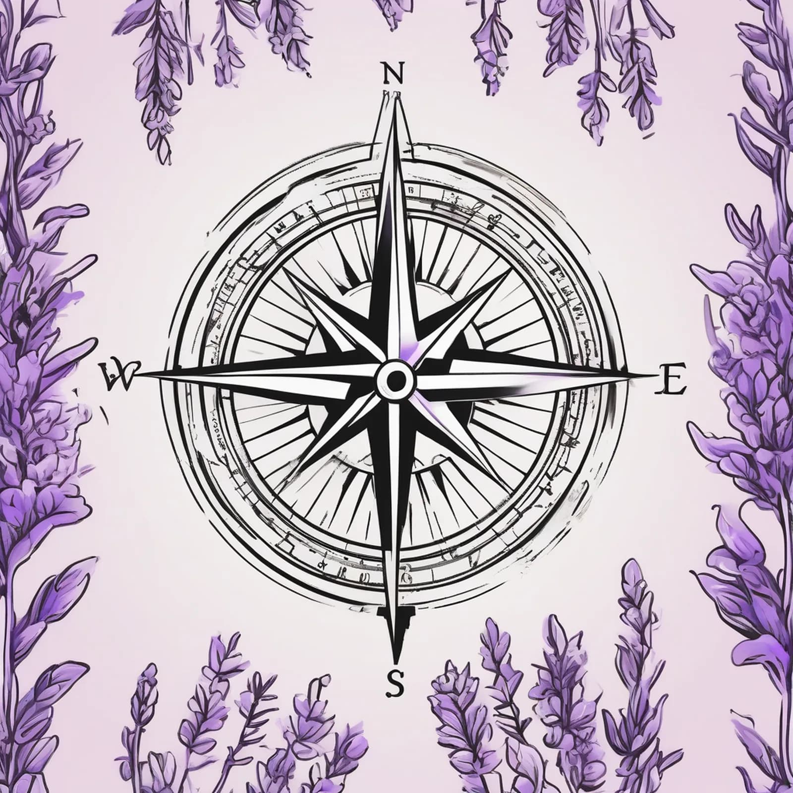 Compass And Lavender tattoo design, alternative version 2