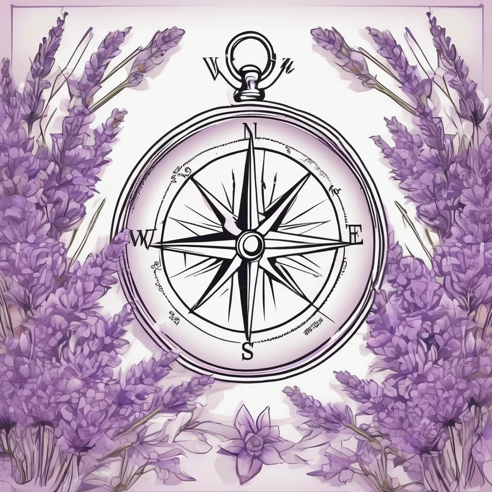 Compass And Lavender tattoo design, alternative version 3