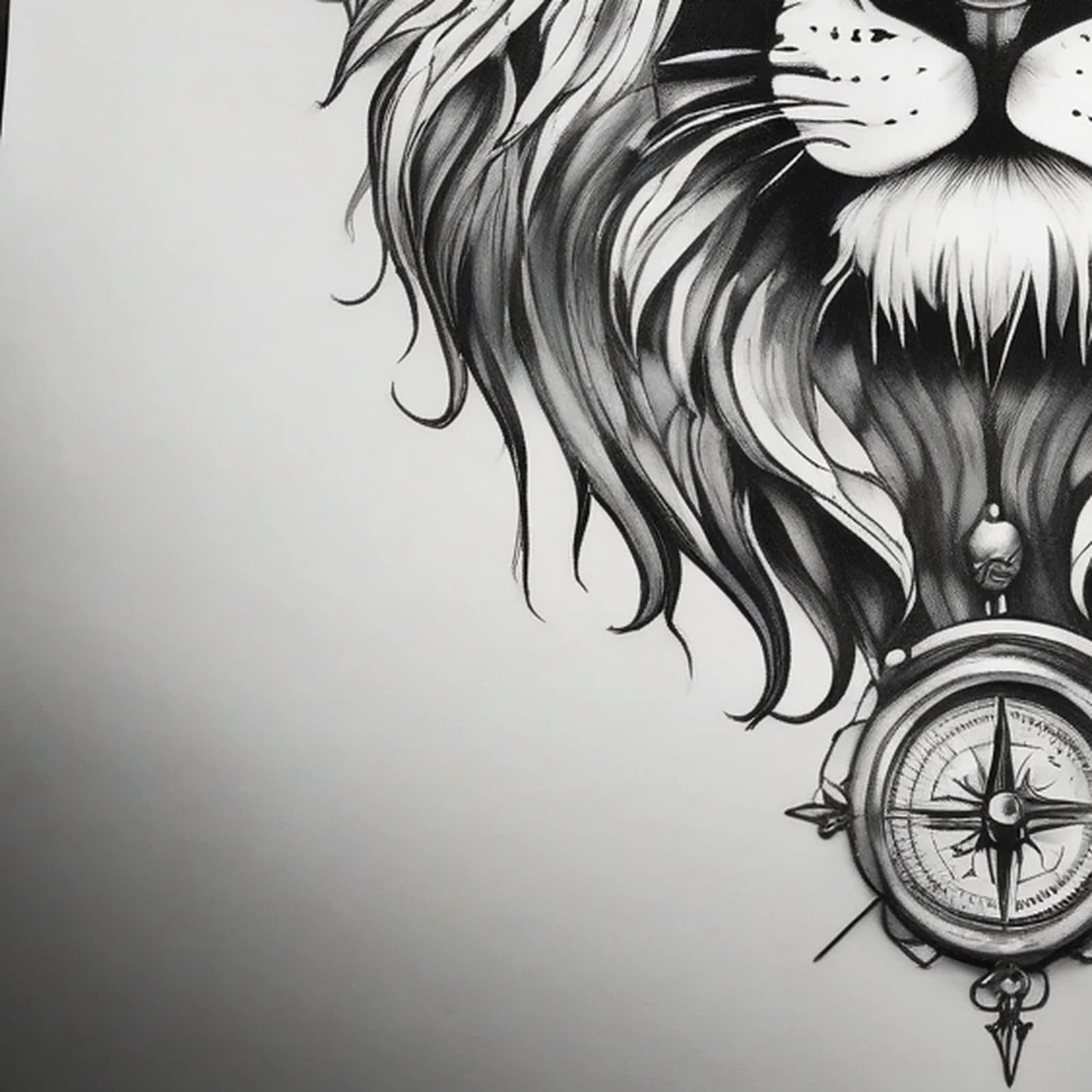 Compass And Lion tattoo design, close-up detail