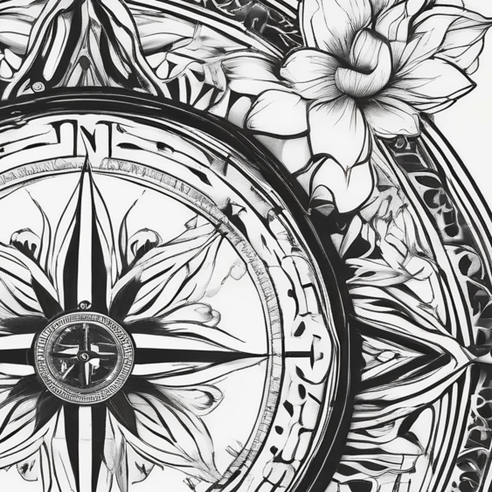 Compass And Lotus tattoo design, close-up detail