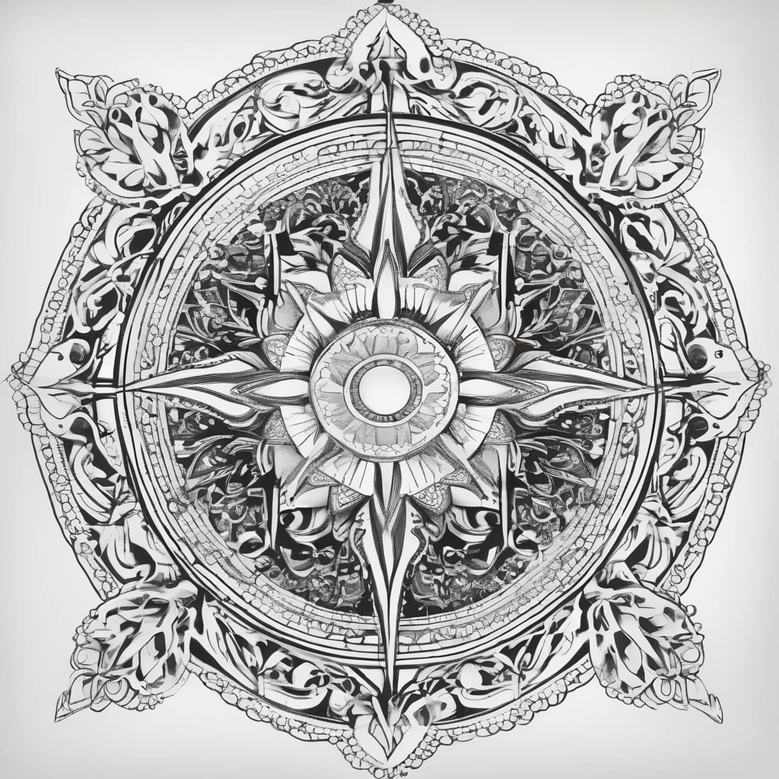 Compass And Lotus tattoo design, alternative version 3