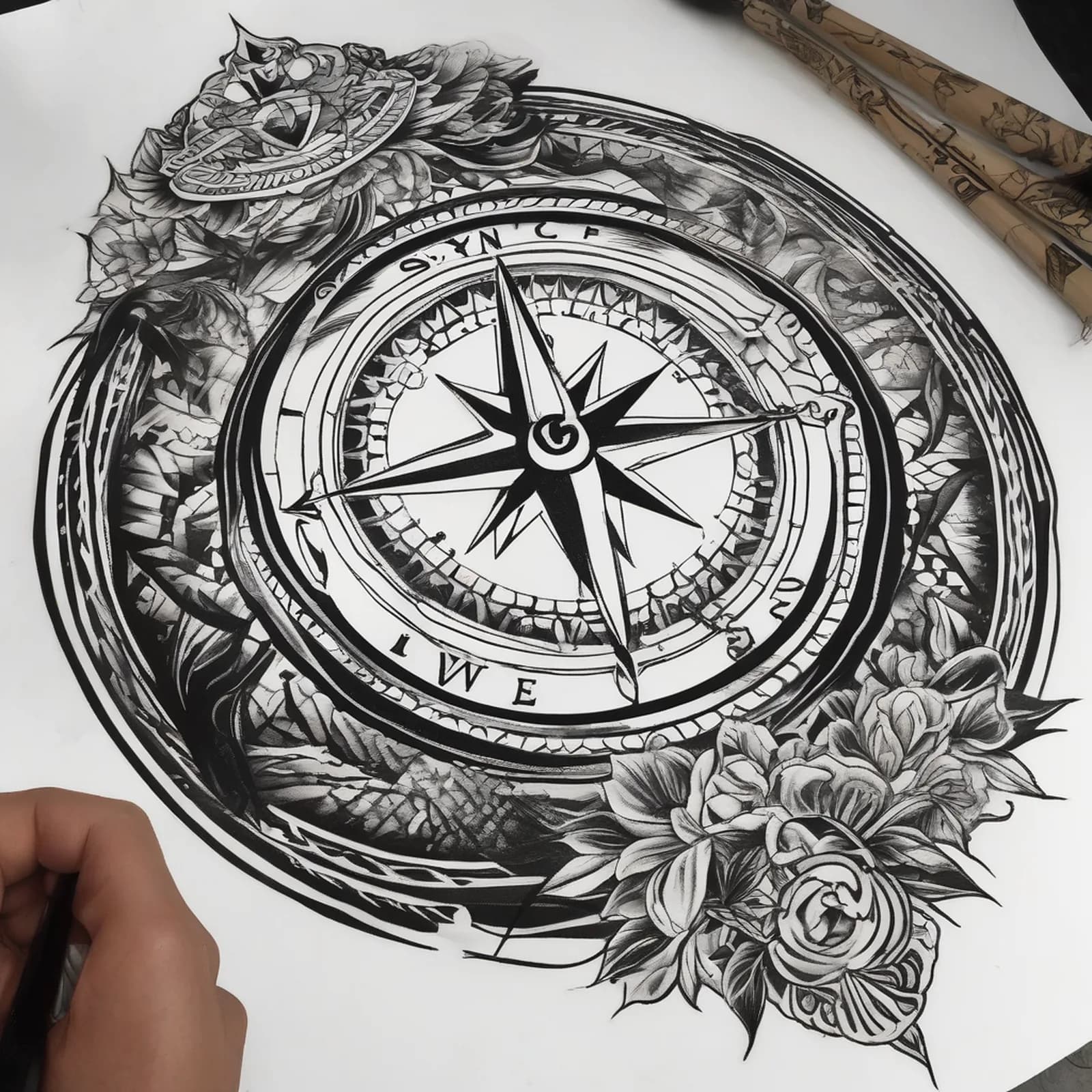 Compass And Motorcycle tattoo design, alternative version 2