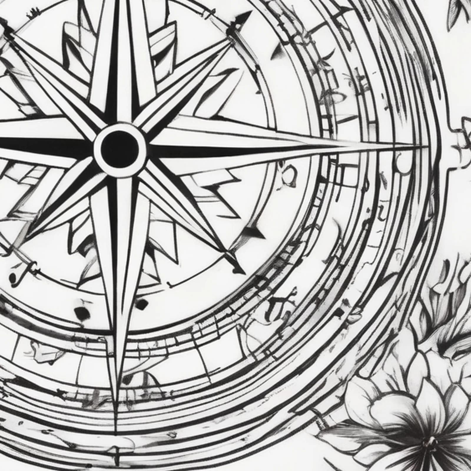 Compass And Music Notes tattoo design, close-up detail