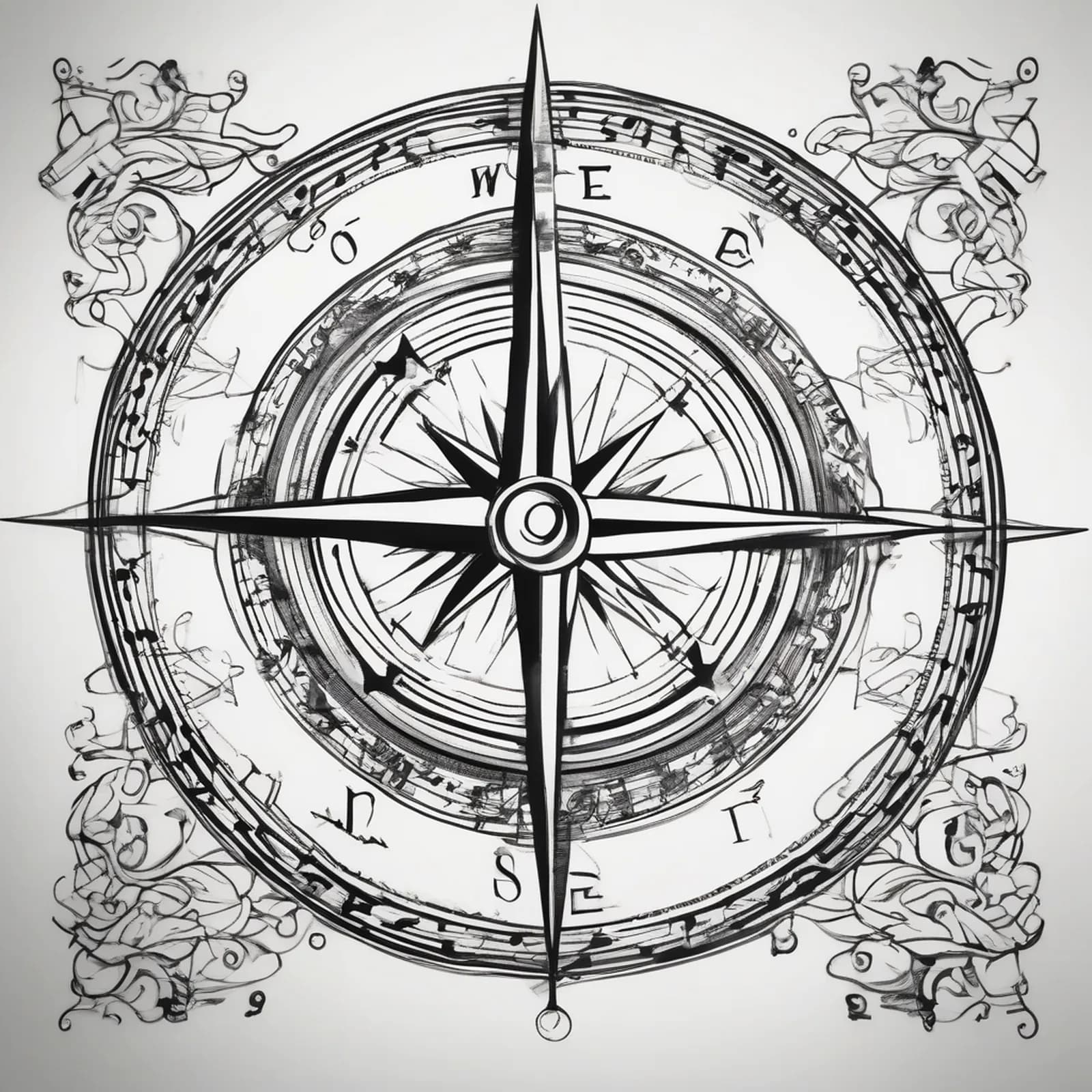 Compass And Music Notes tattoo design, alternative version 2