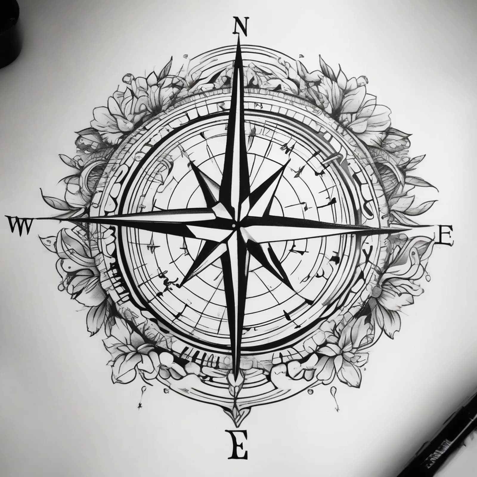 Compass And Music Notes tattoo design, alternative version 3
