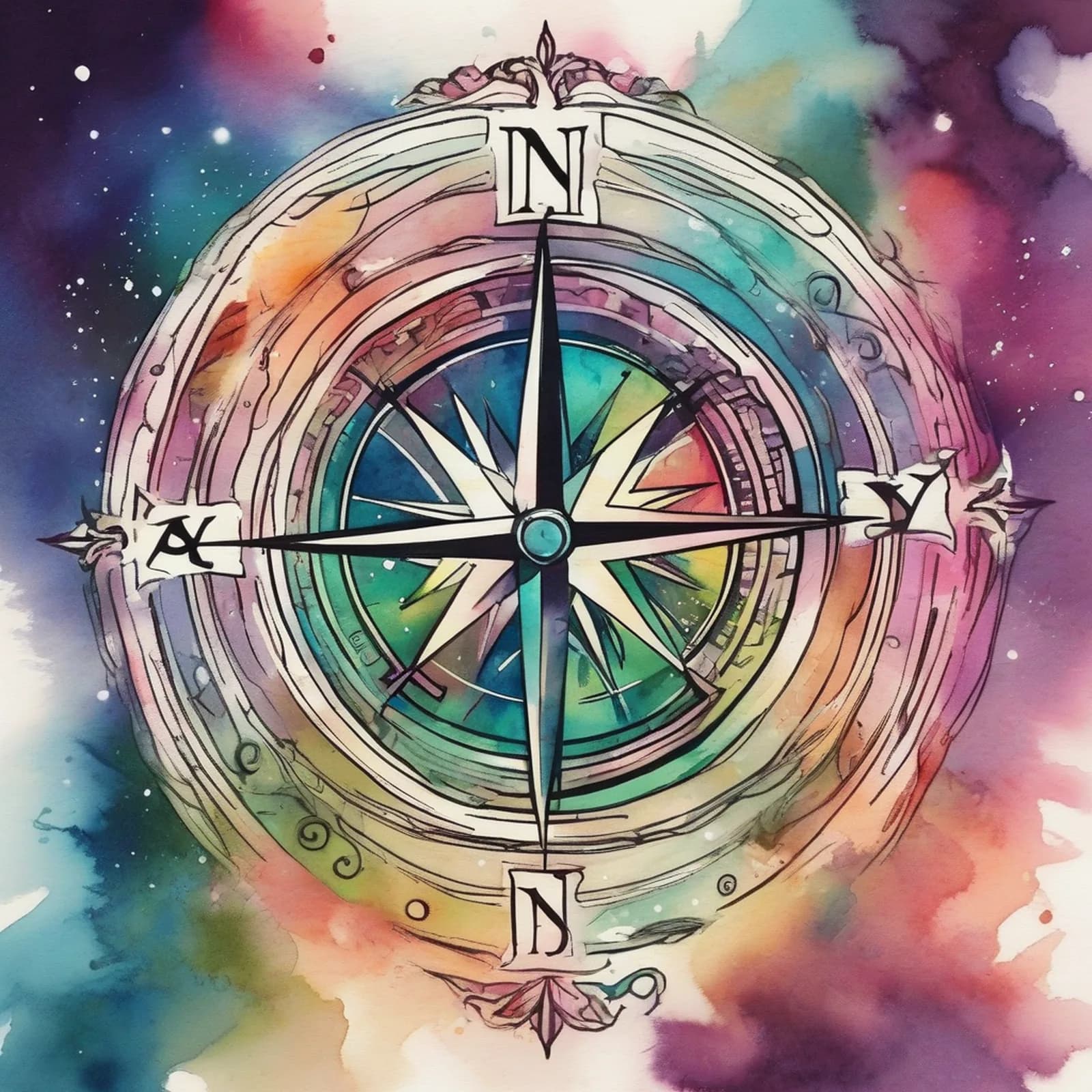 Compass And Northern Lights tattoo design, alternative version 2