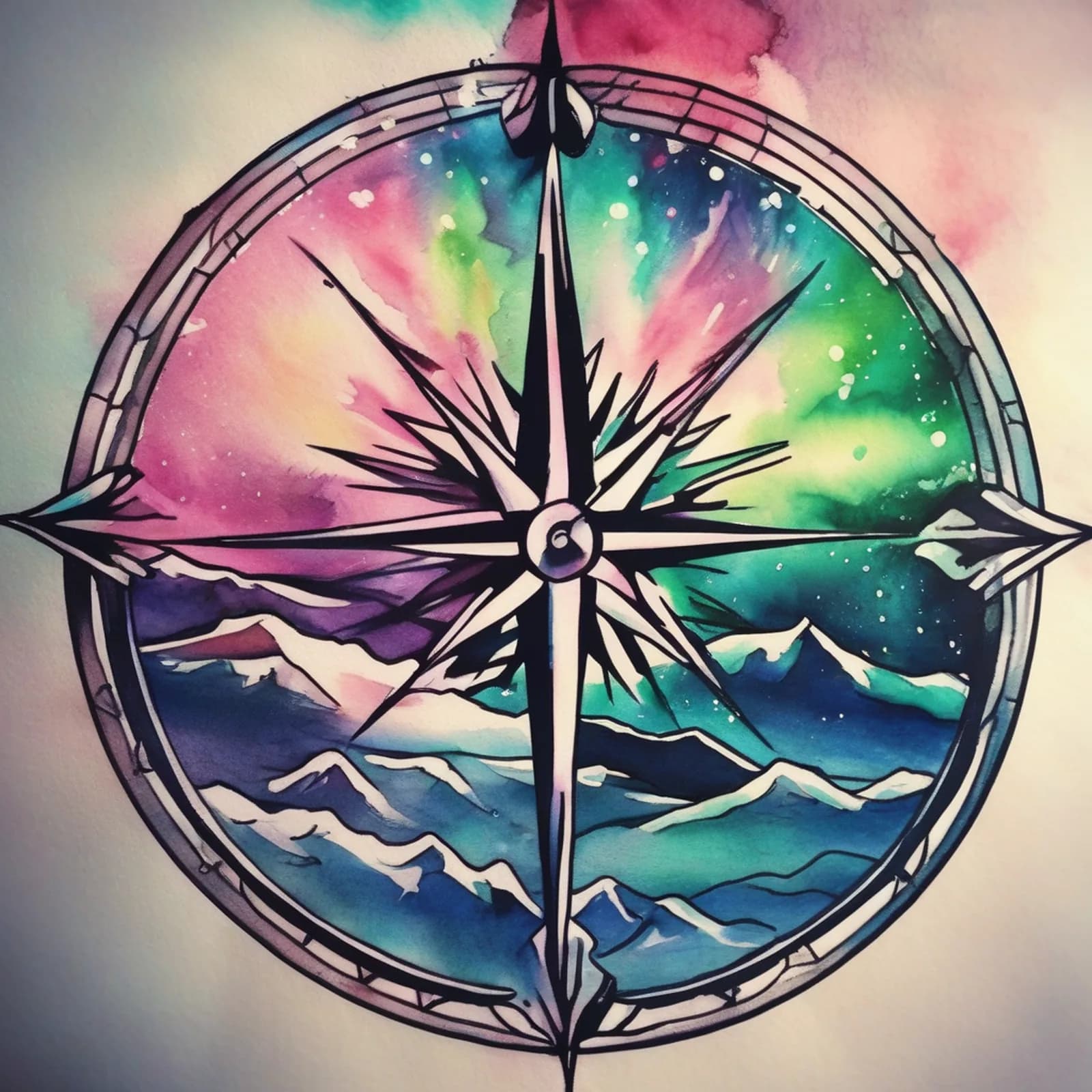 Compass And Northern Lights tattoo design, alternative version 4