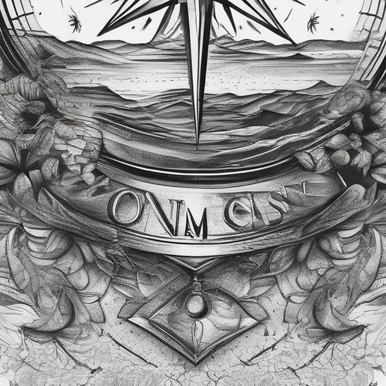 Compass And Open Book tattoo design, close-up detail