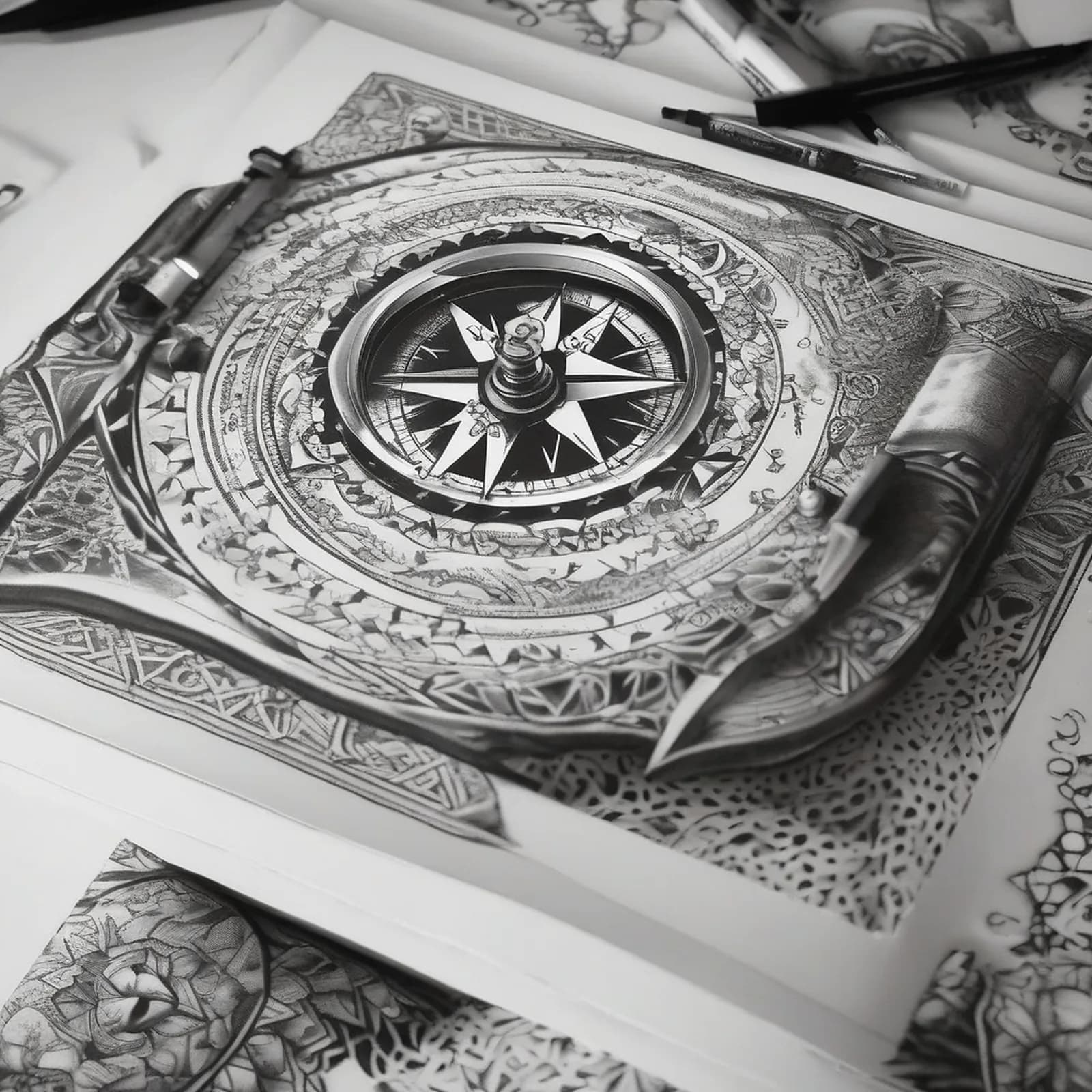 Compass And Open Book tattoo design, alternative version 4