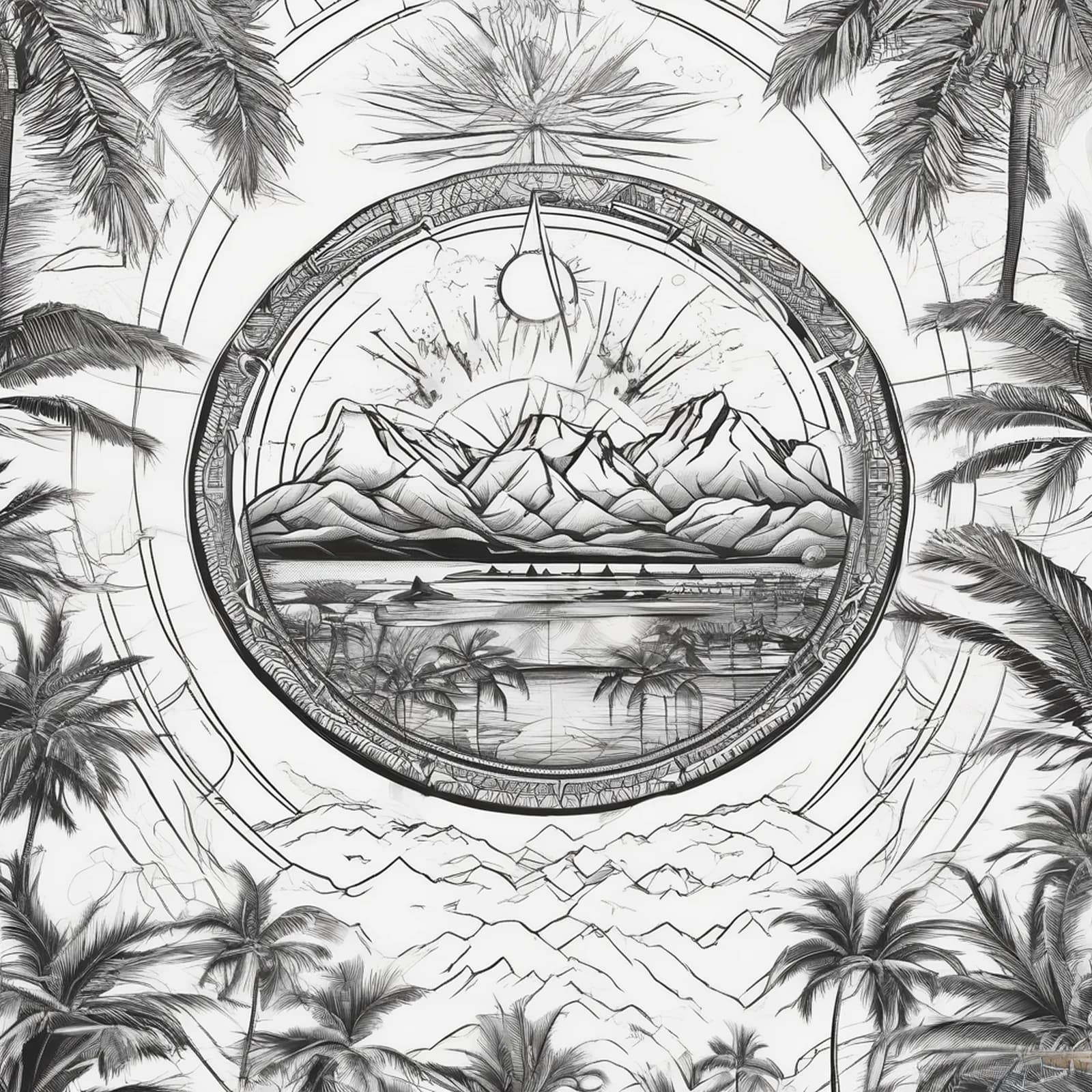Compass And Palm Trees tattoo design, alternative version 2
