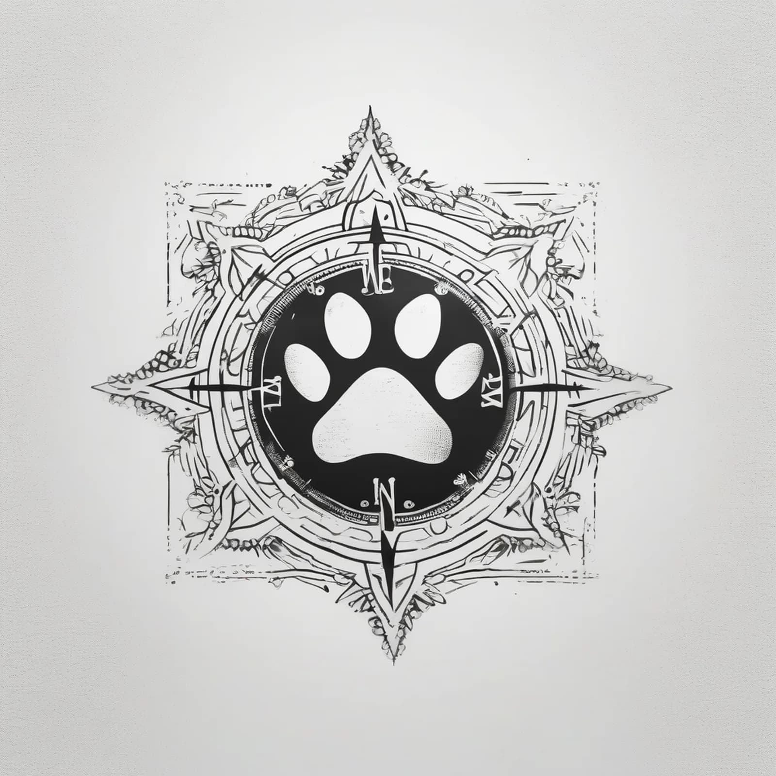 Compass And Paw Print tattoo design, alternative version 4