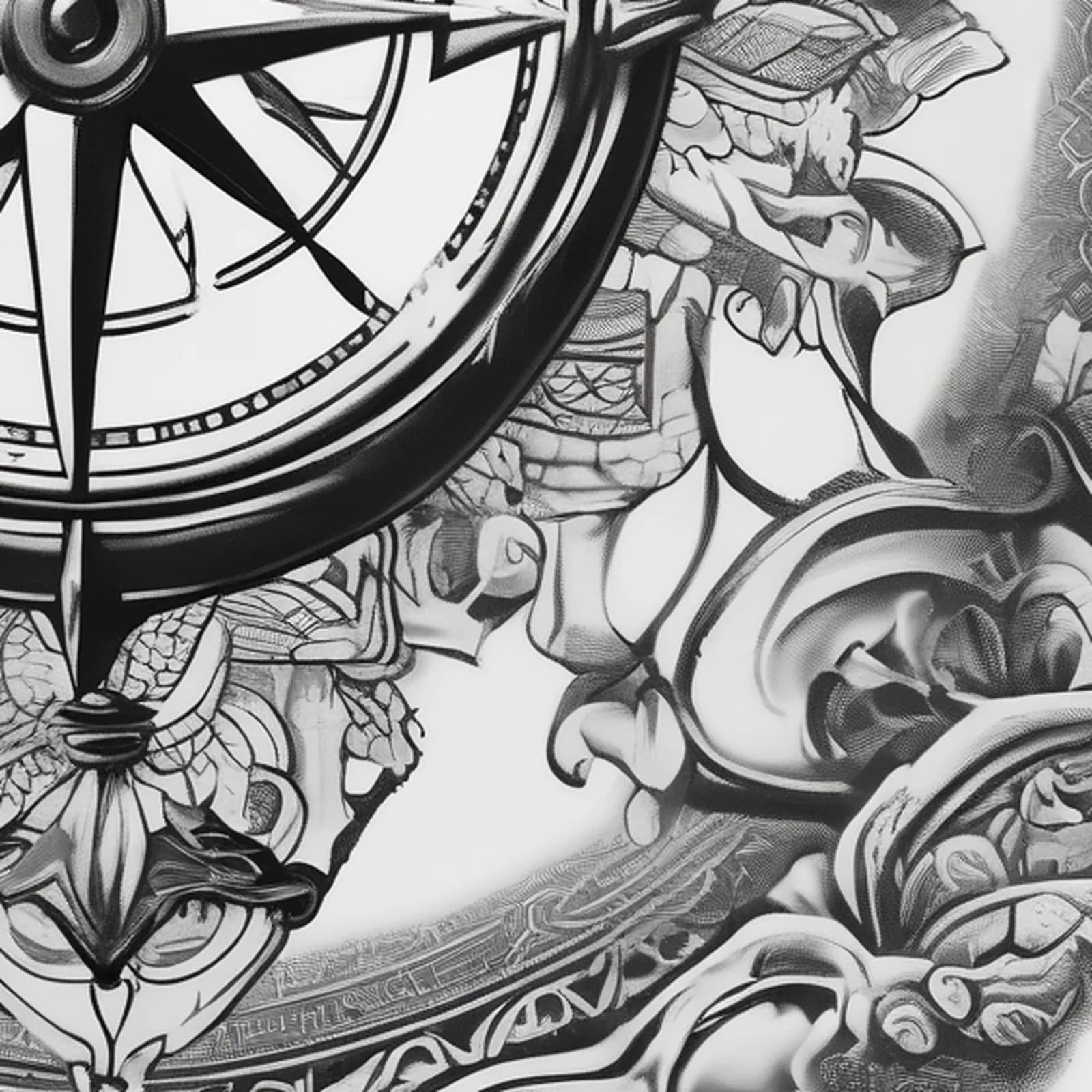 Compass And Pocket Watch tattoo design, close-up detail