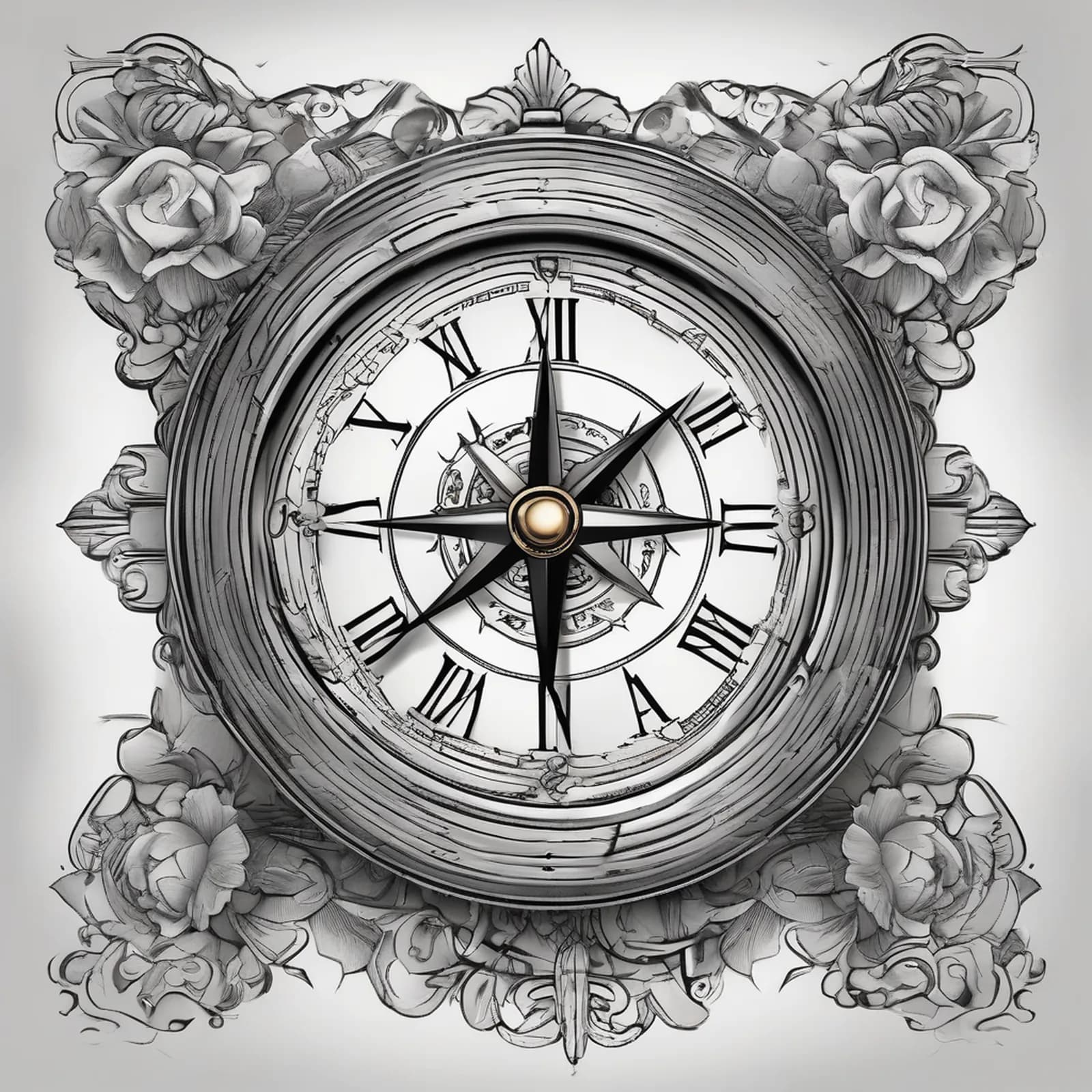 Compass And Pocket Watch tattoo design, alternative version 2