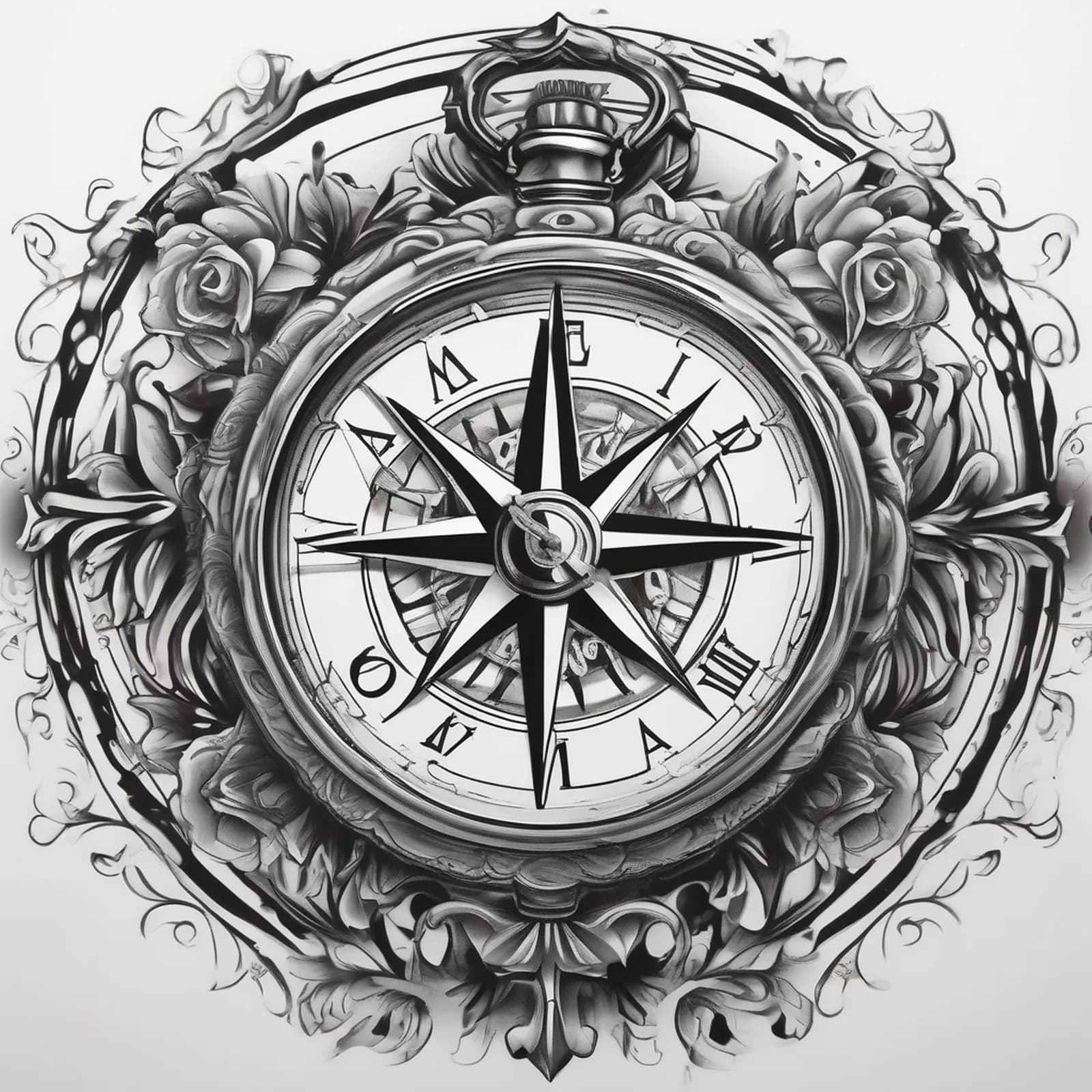 Compass And Pocket Watch tattoo design, alternative version 3