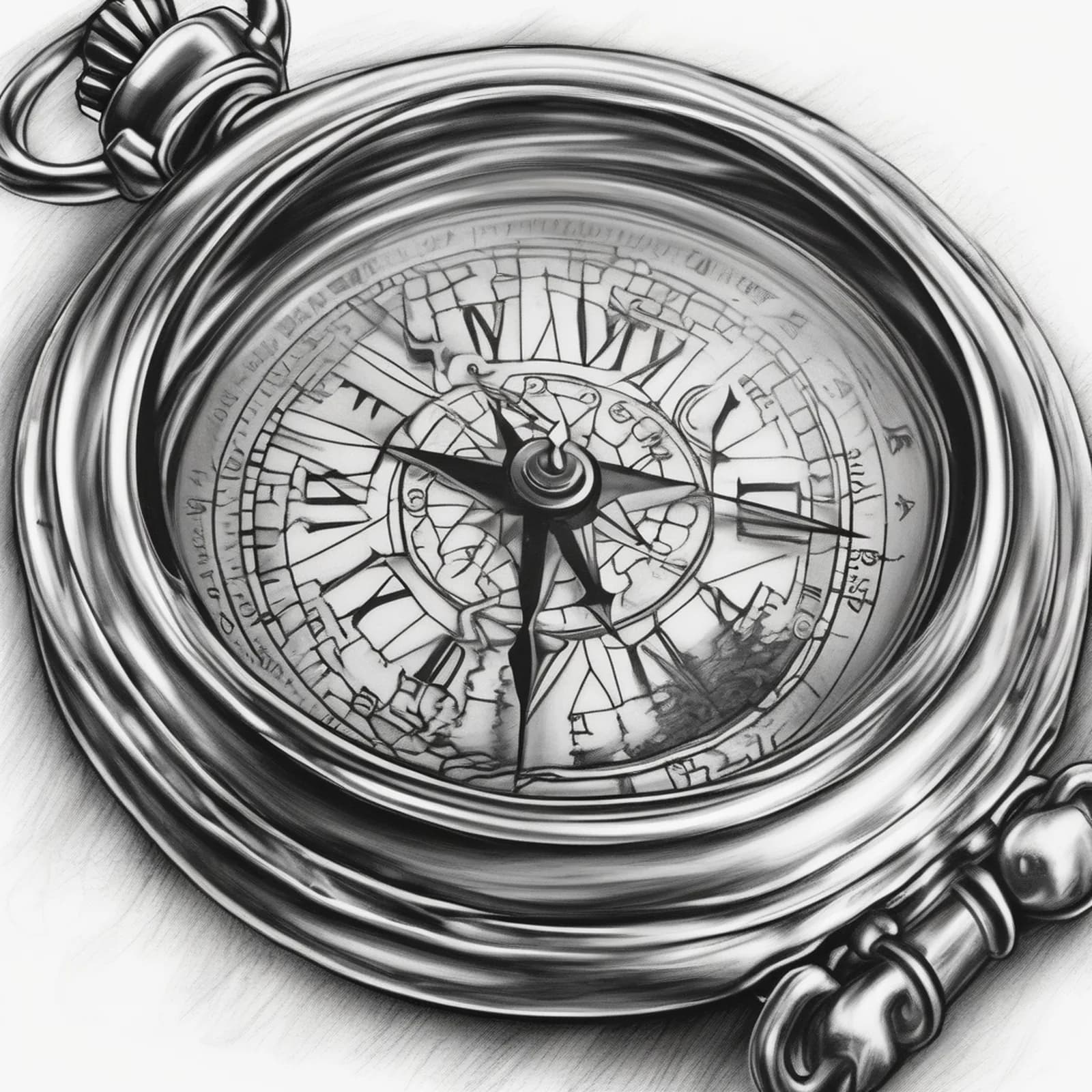 Compass And Pocket Watch tattoo design, alternative version 4