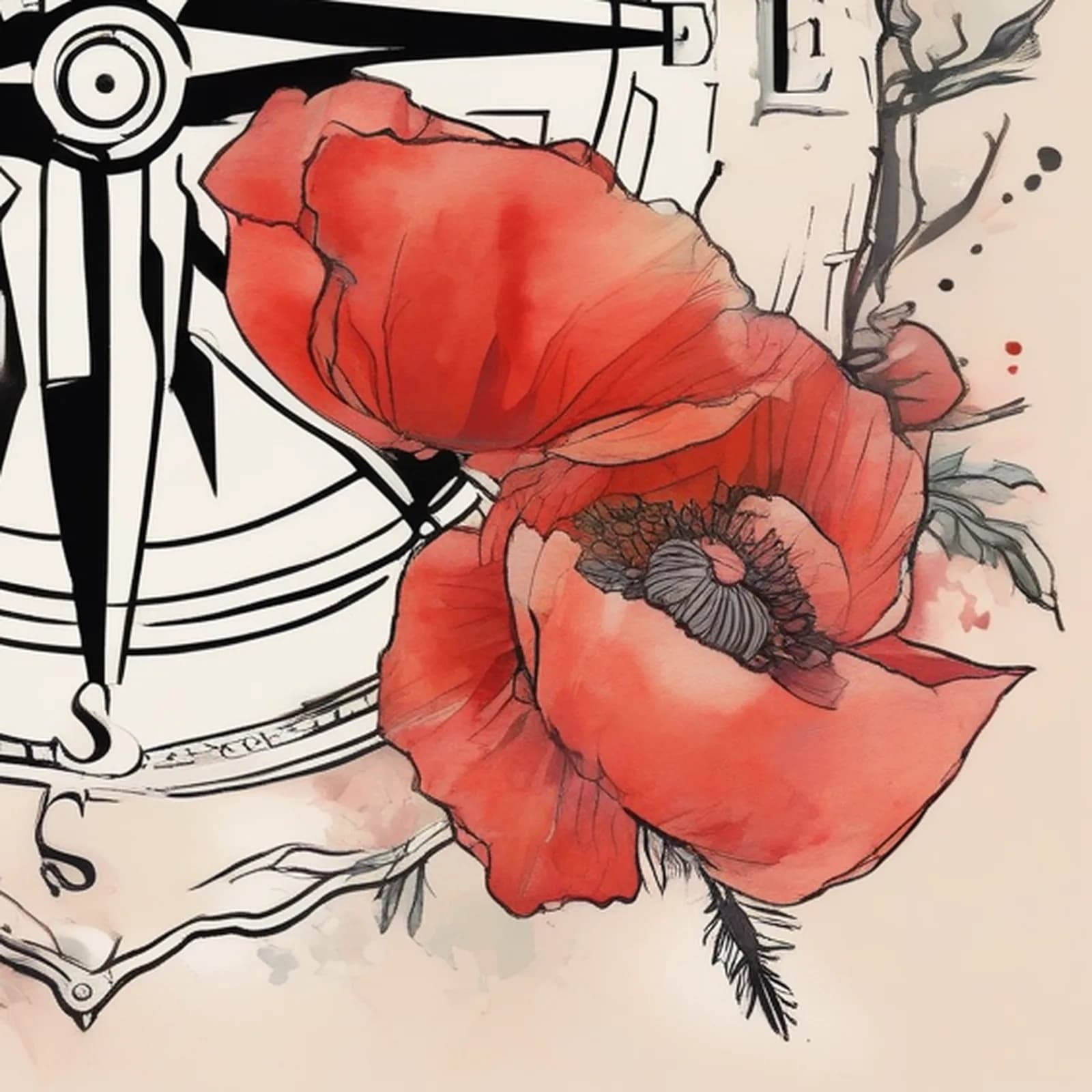 Compass And Poppy tattoo design, close-up detail