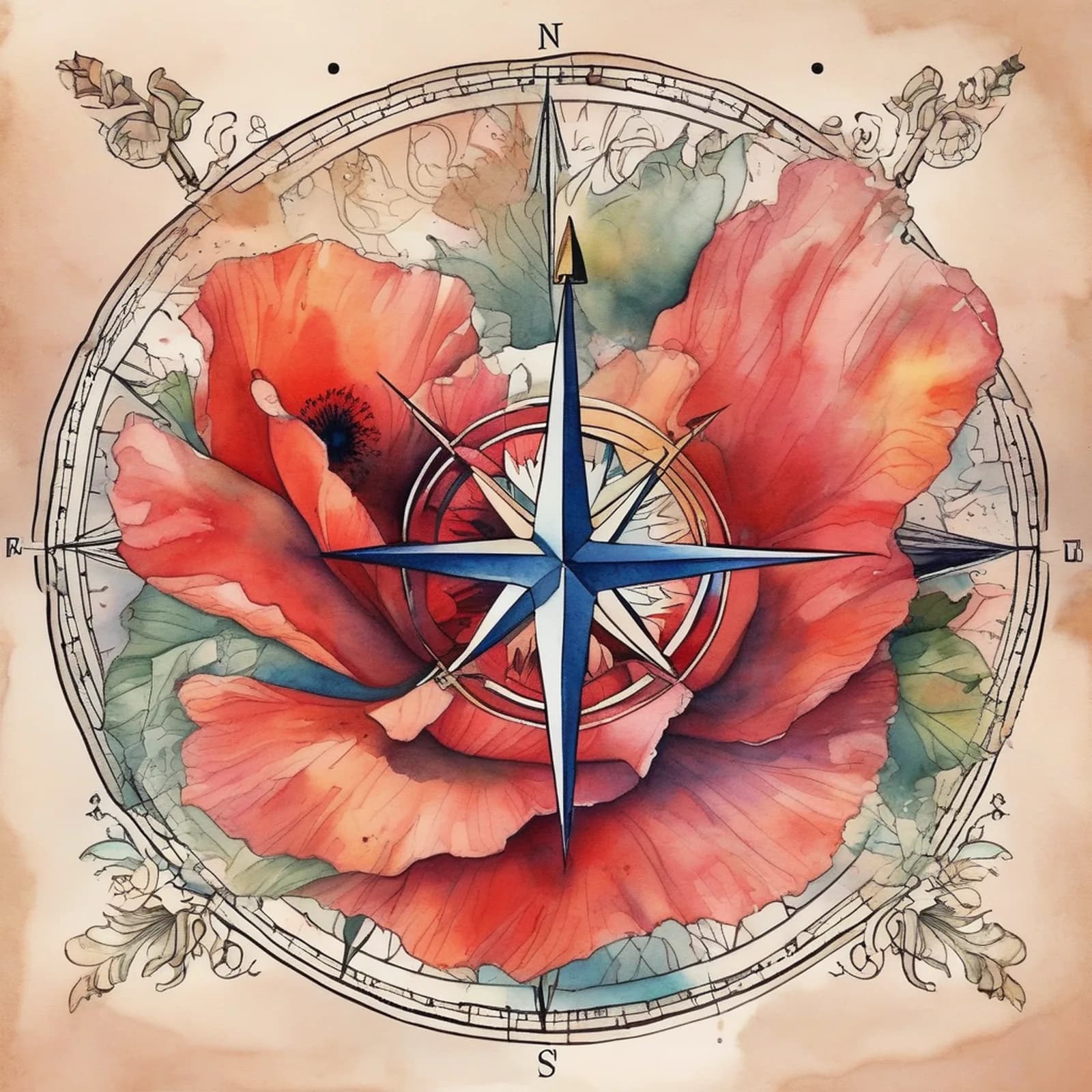 Compass And Poppy tattoo design, alternative version 2