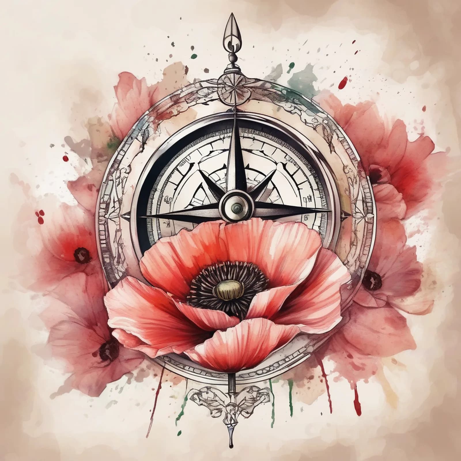 Compass And Poppy tattoo design, alternative version 3