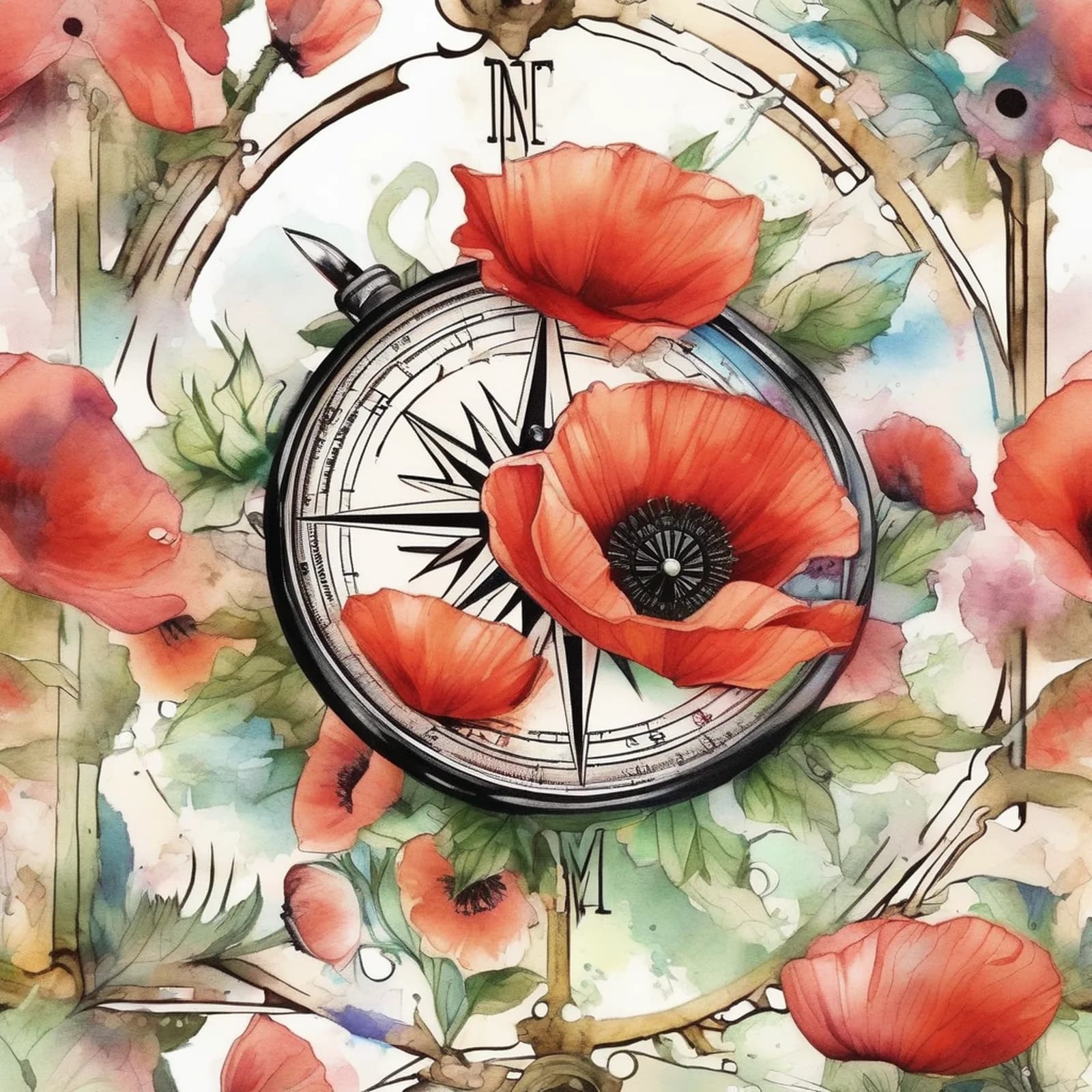 Compass And Poppy tattoo design, alternative version 4