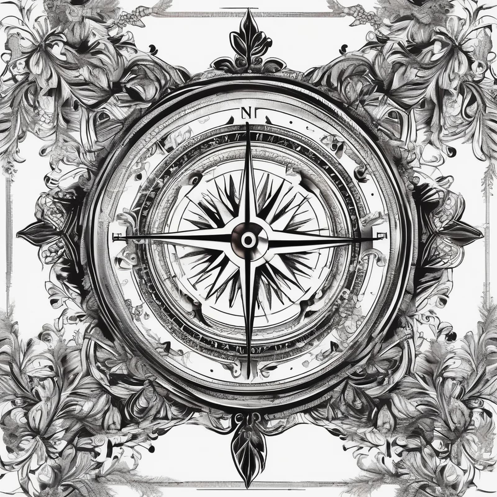 Compass And Quill Pen tattoo design, alternative version 3