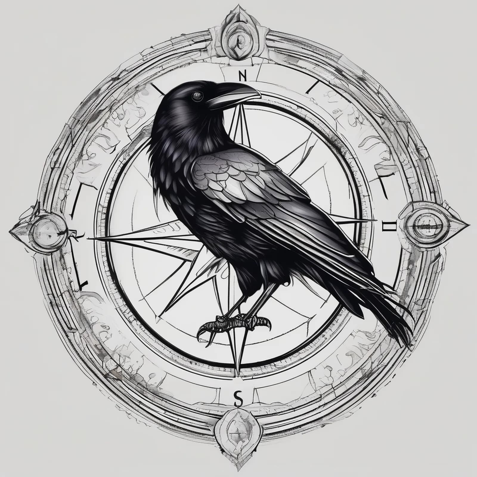 Compass And Raven tattoo design, alternative version 2
