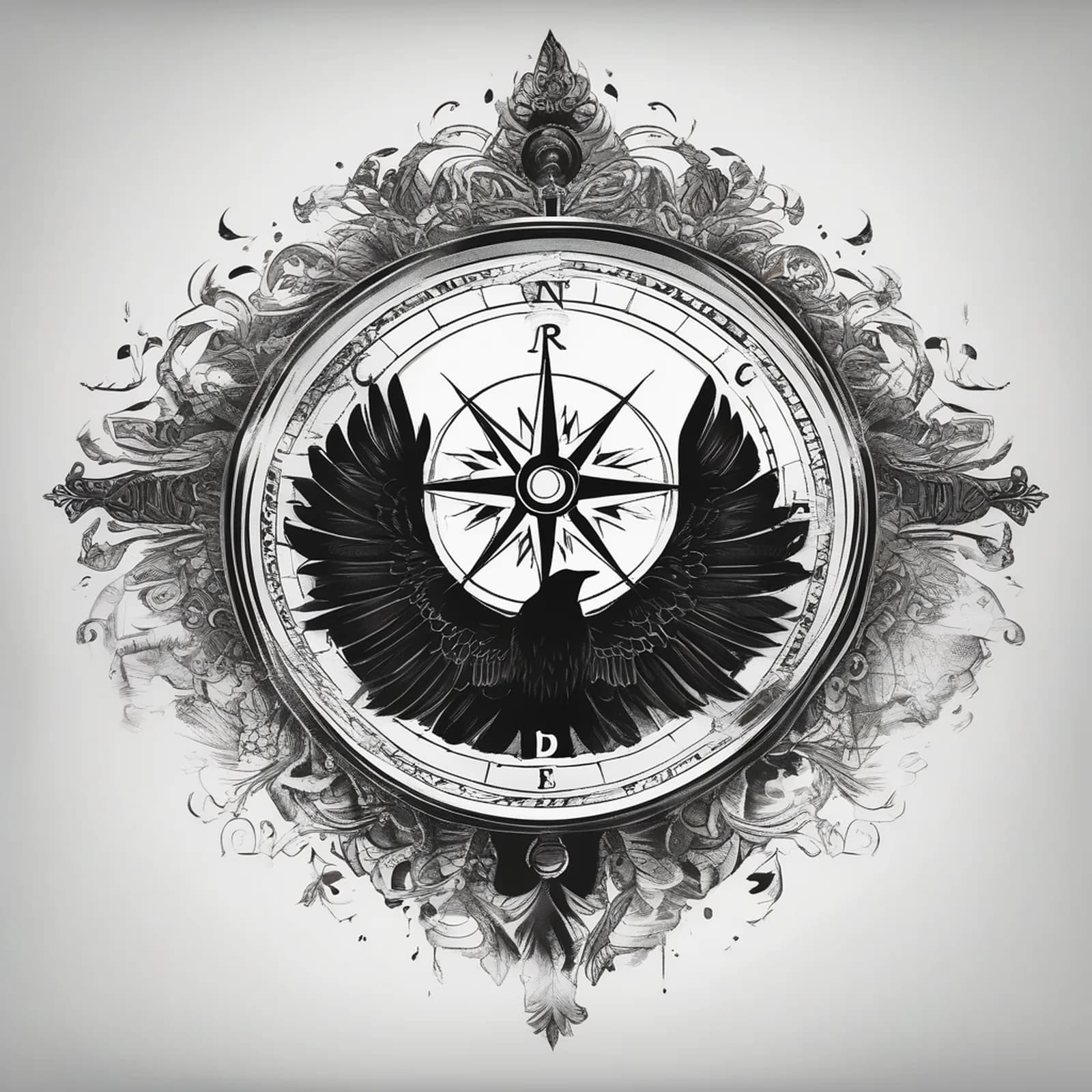 Compass And Raven tattoo design, alternative version 3