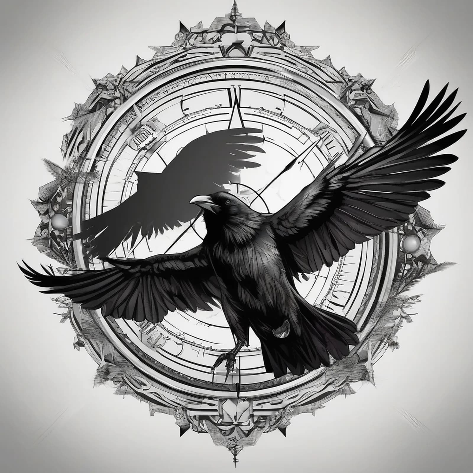 Compass And Raven tattoo design, alternative version 4