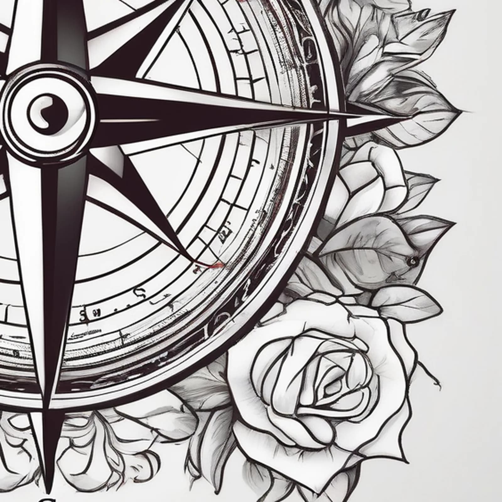 Compass And Roses tattoo design, close-up detail